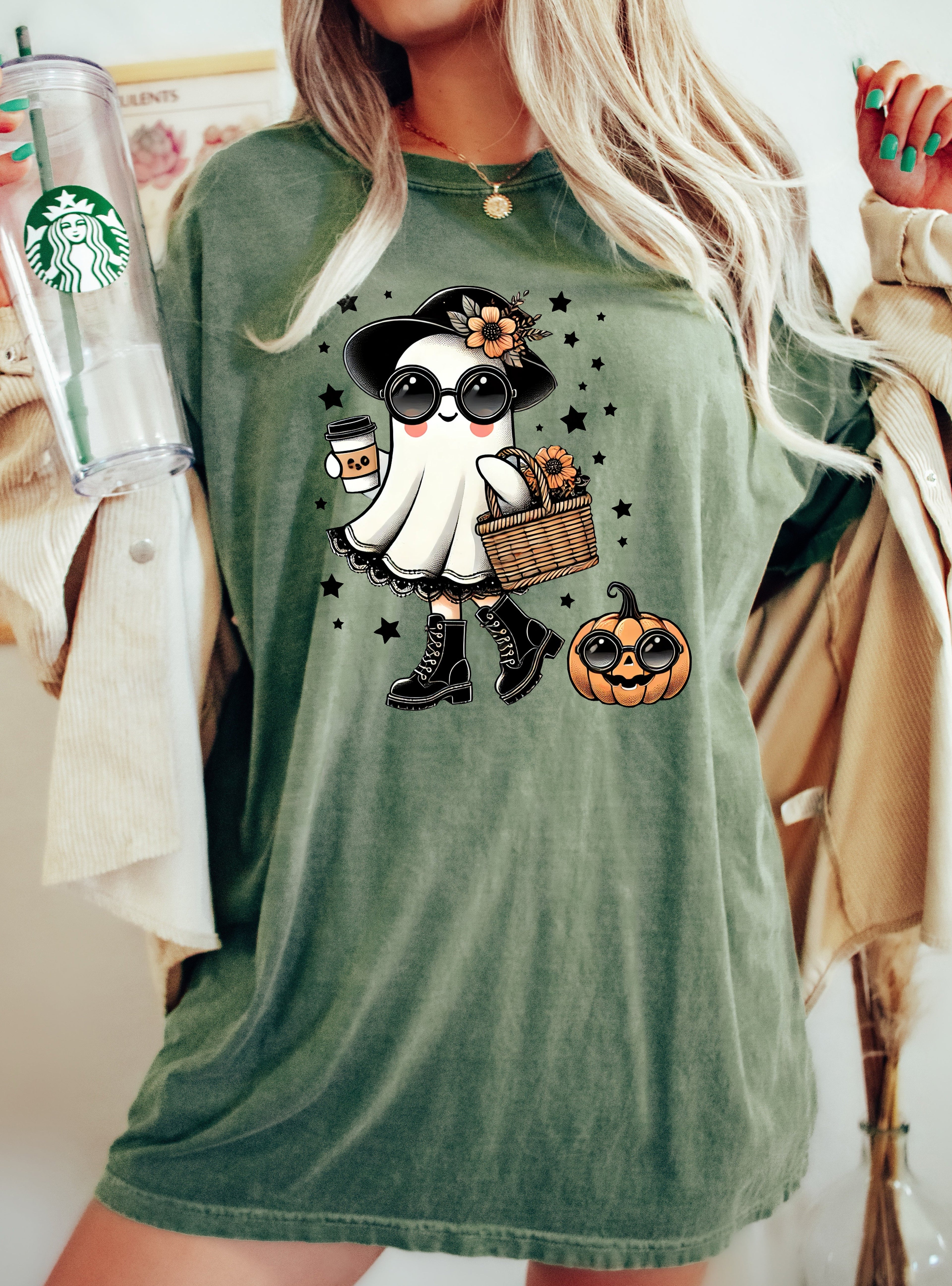Fancy Ghost Coffee Lover Vintage Western Witch Meme Halloween Comfort Colors Tee