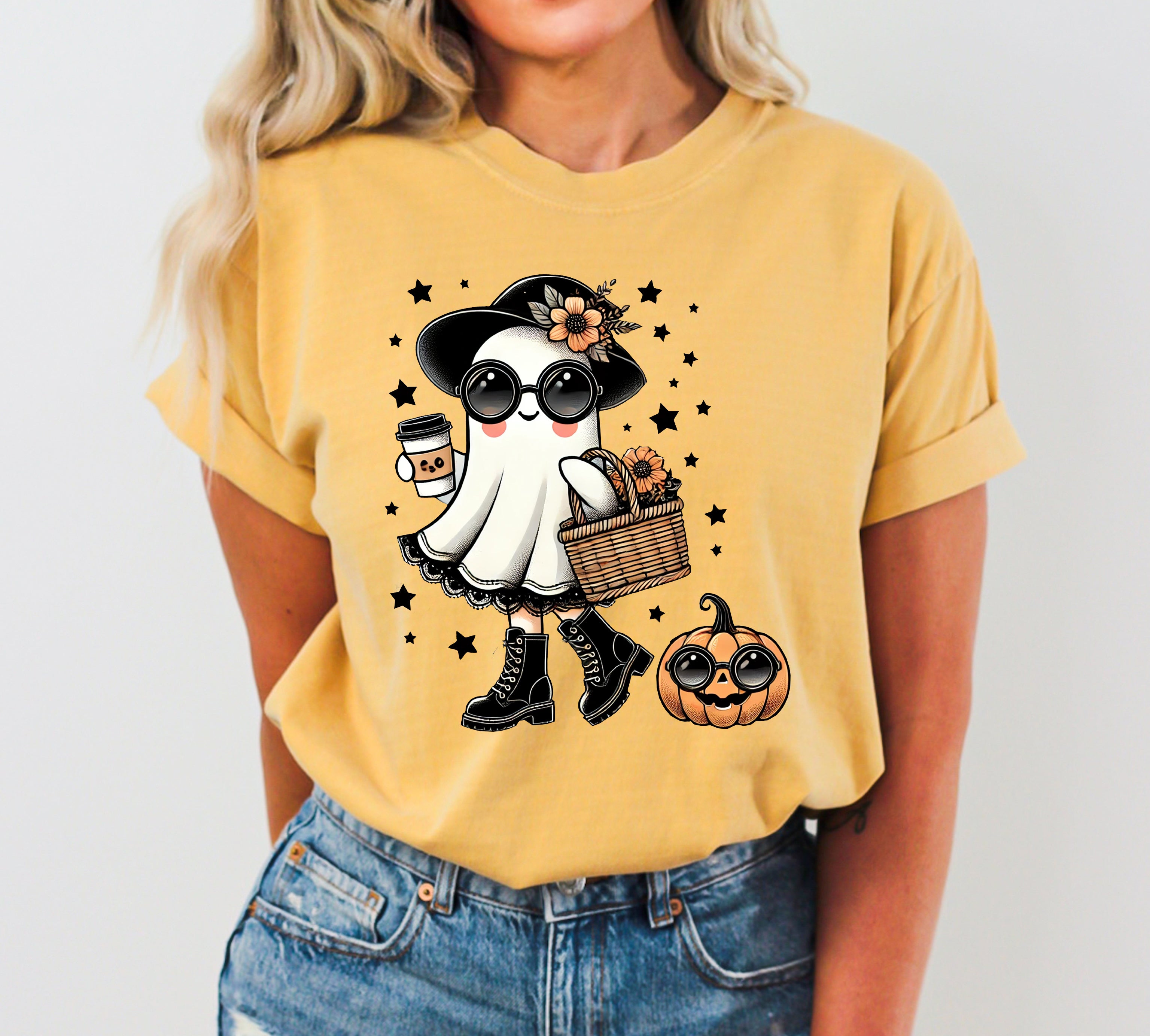 Fancy Ghost Coffee Lover Vintage Western Witch Meme Halloween Comfort Colors Tee