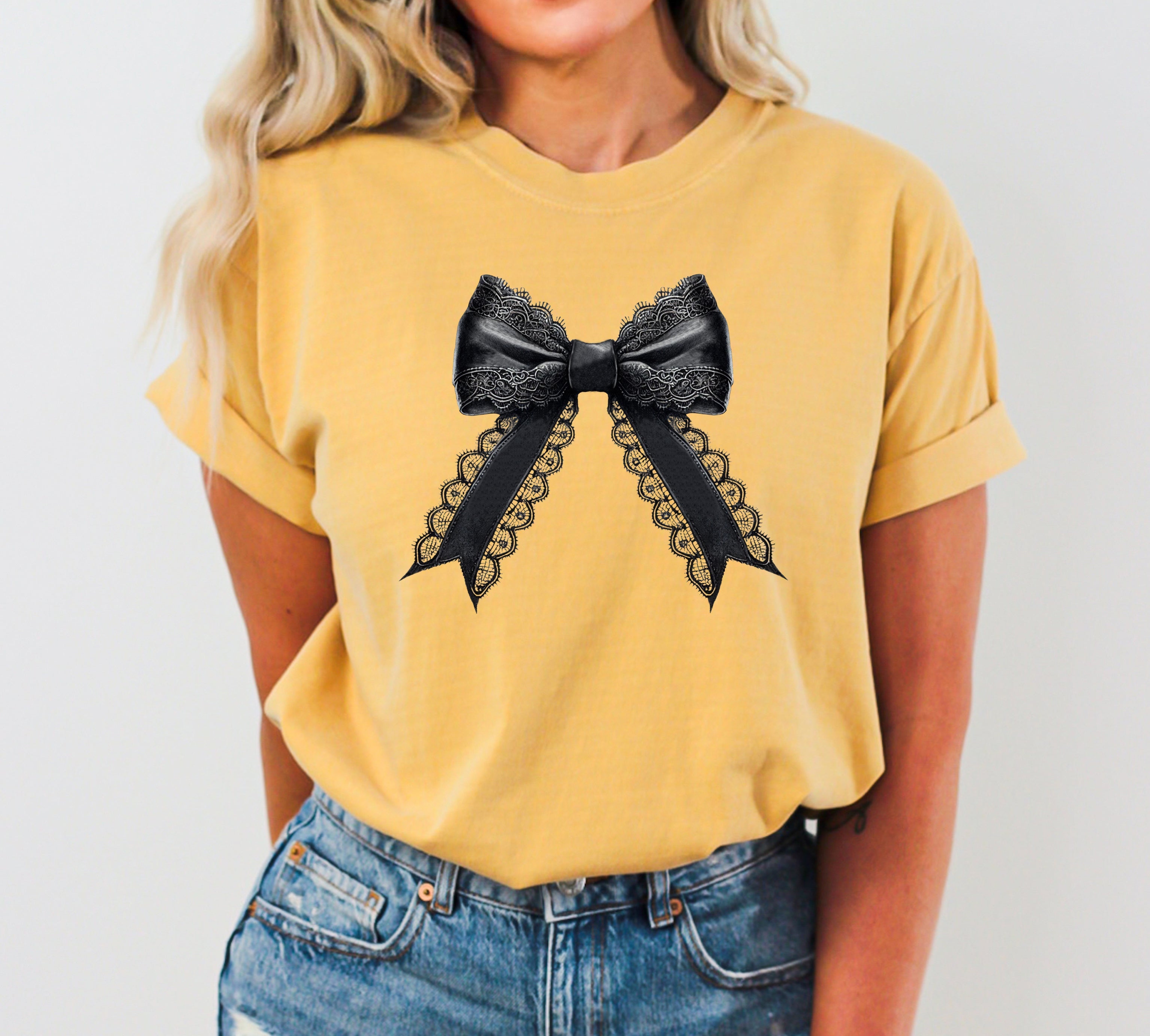 Vintage Black Bow Ribbon Skeleton Ghost Western Witch Aesthetic Halloween Meme Comfort Colors Tee