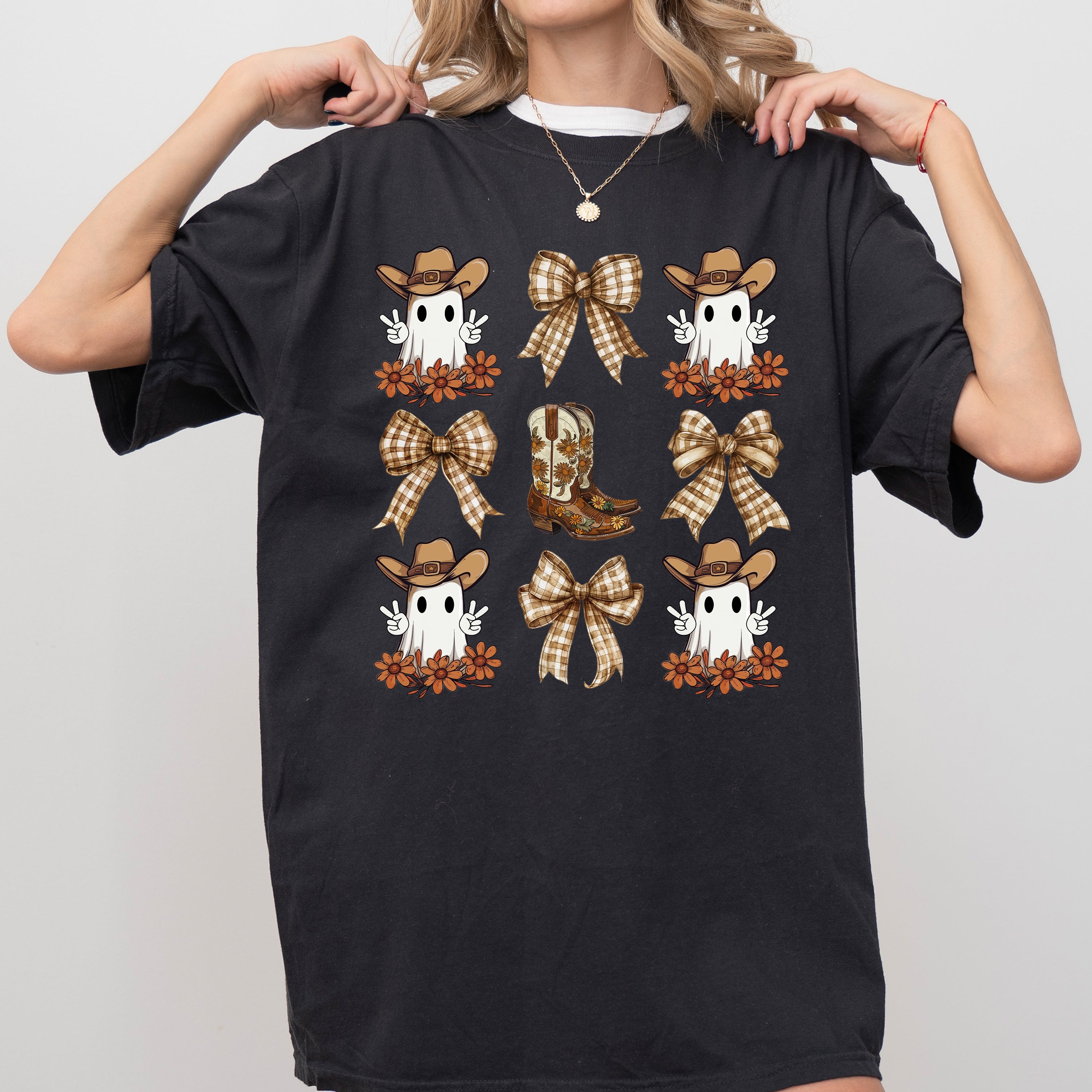 Cowboy Ghost Bow Ribbon Western Witch Aesthetic Meme Halloween Costume Comfort Colors Tee