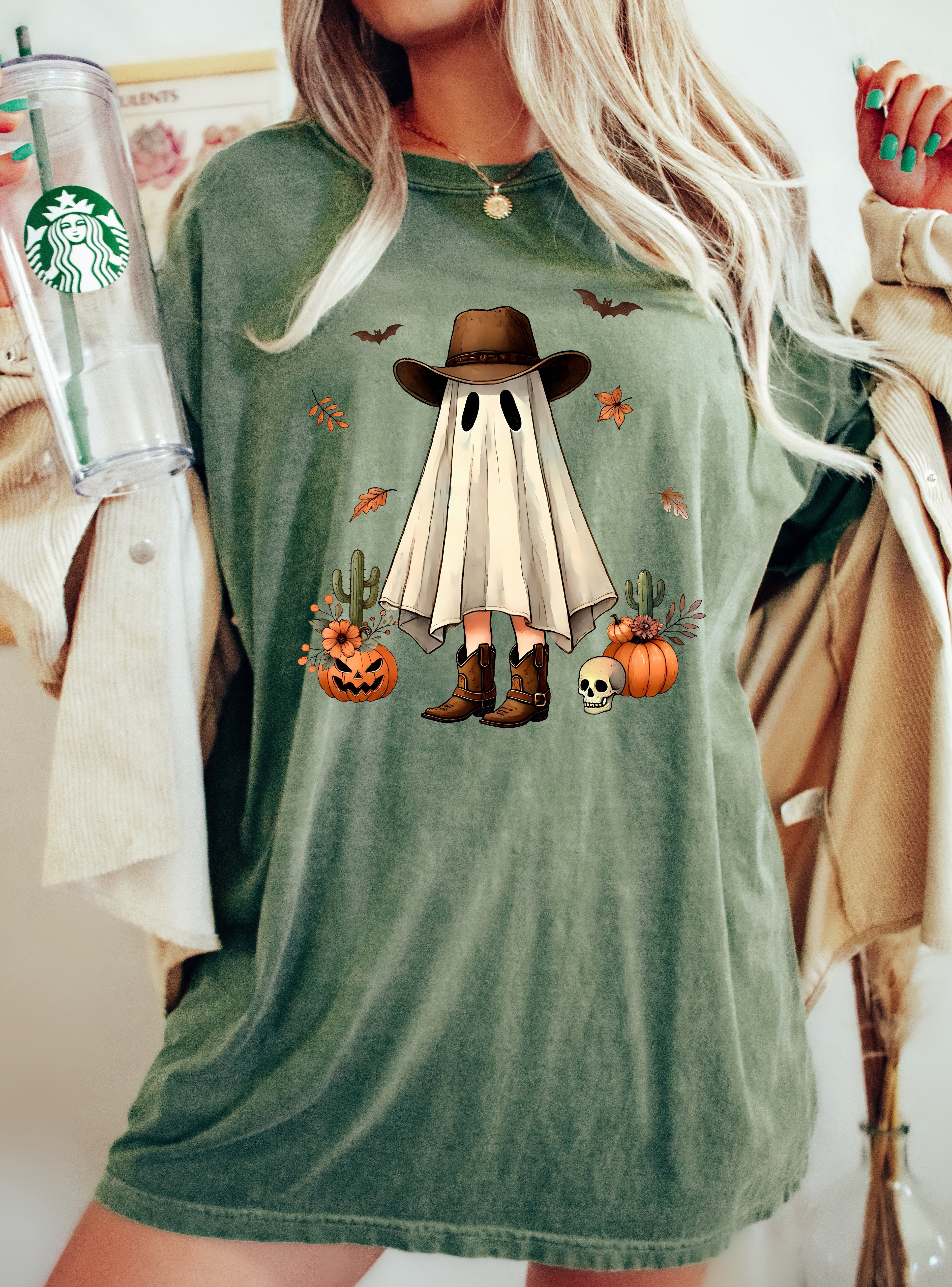 Cowboy Ghost Pumpkin Vintage Western Witch Aesthetic Meme Halloween Costume Comfort Colors Tee