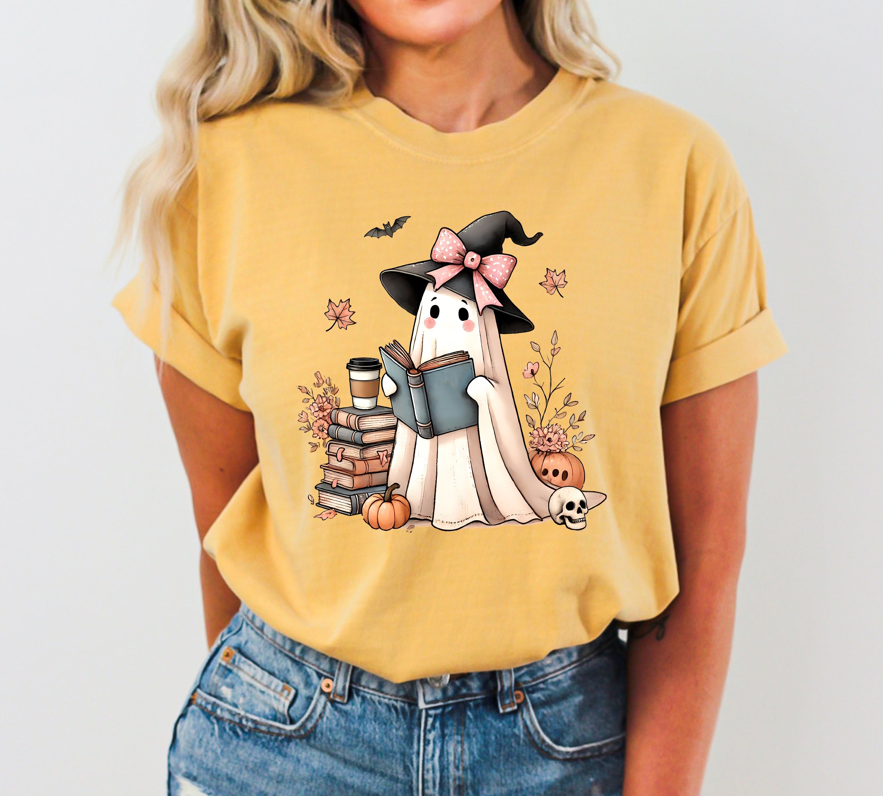 Book Lover Ghost Skeleton Vintage Western Witch Aesthetic Meme Halloween Costume Comfort Colors Tee