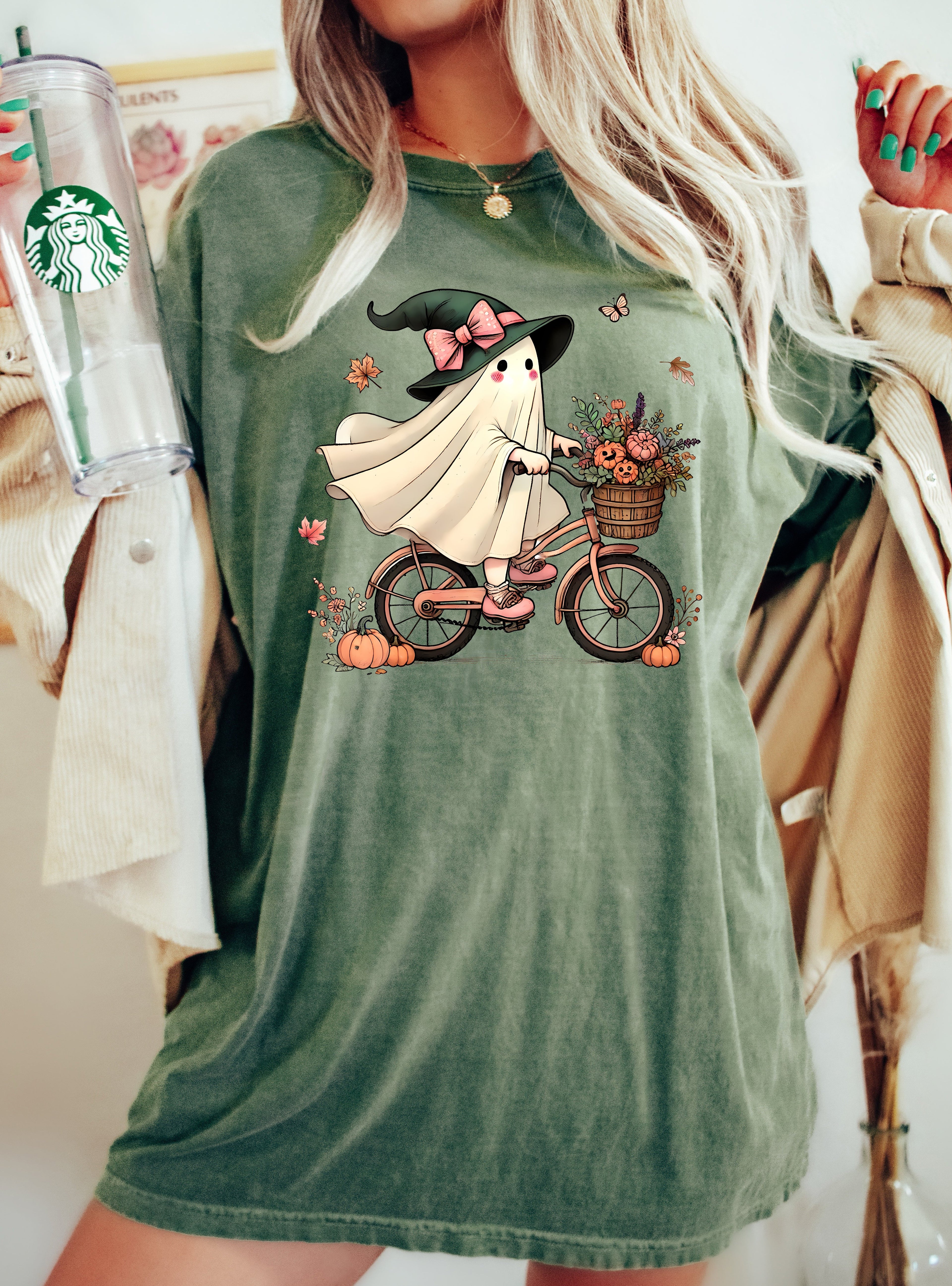 Ghost Bicycle Skeleton Western Witch Meme Halloween Vintage Gothic Comfort Colors Tee