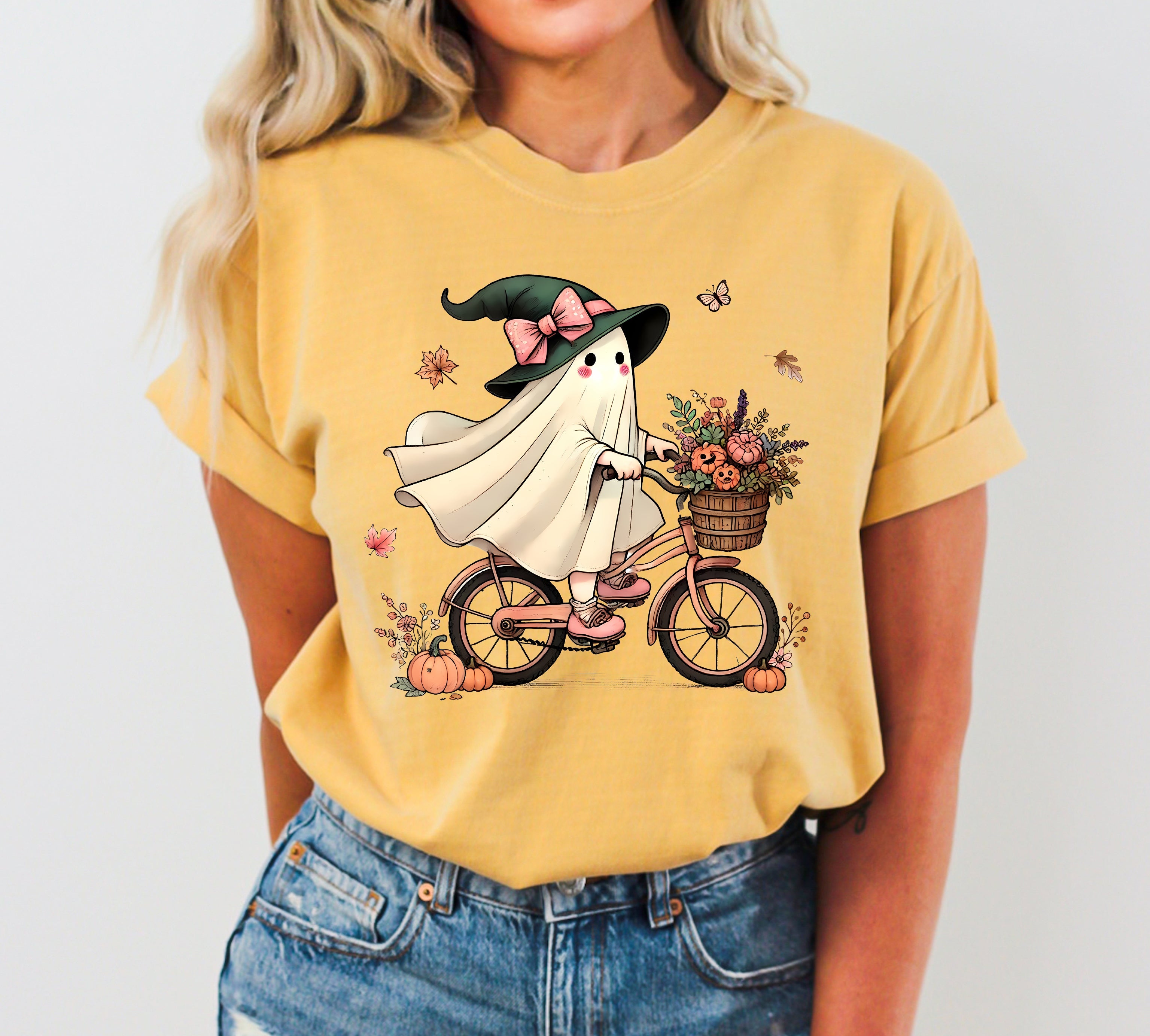 Ghost Bicycle Skeleton Western Witch Meme Halloween Vintage Gothic Comfort Colors Tee