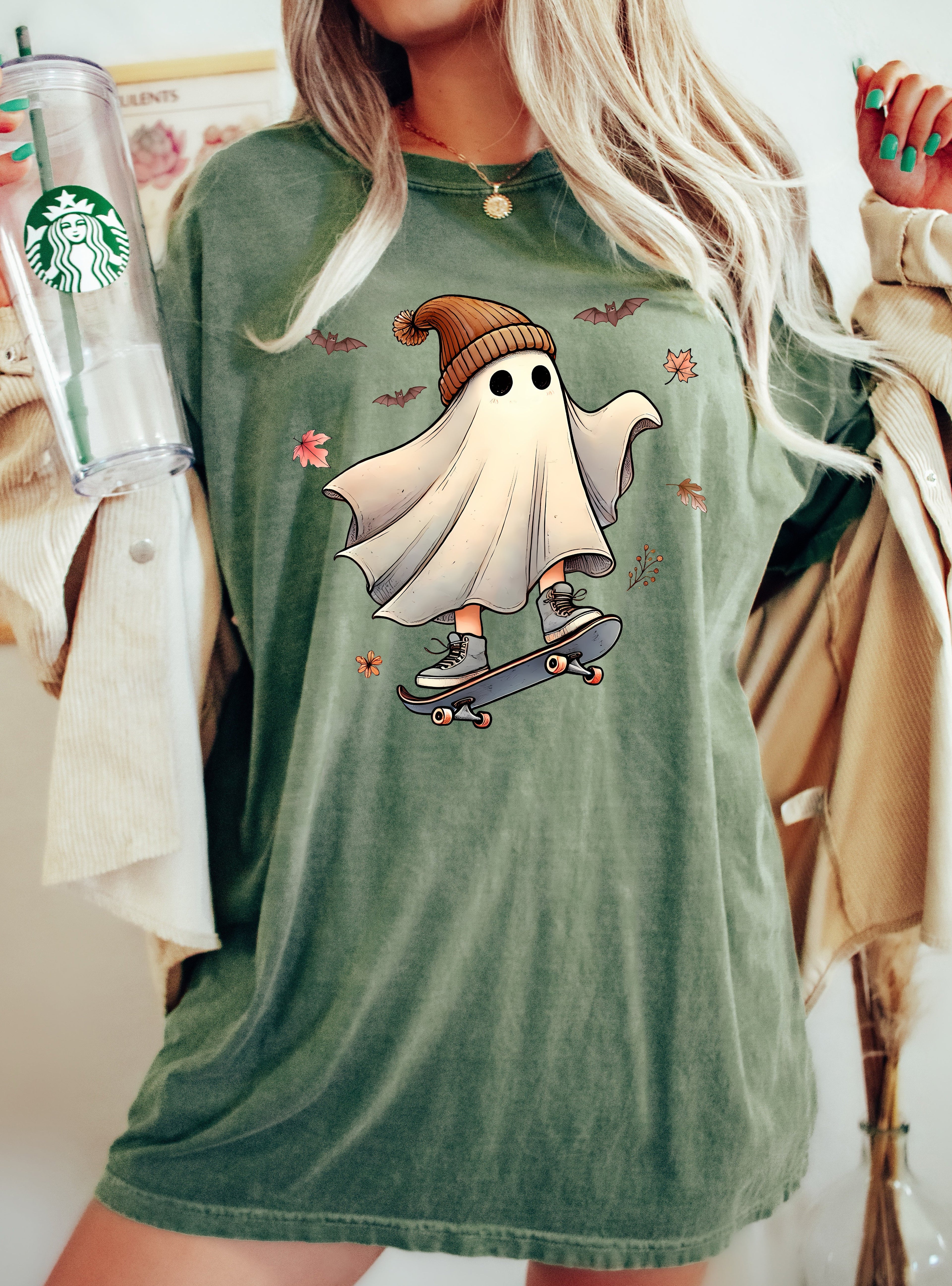 Skater Ghost Pumpkin Skeleton Witch Vintage Aesthetic Halloween Meme Western Comfort Colors Tee