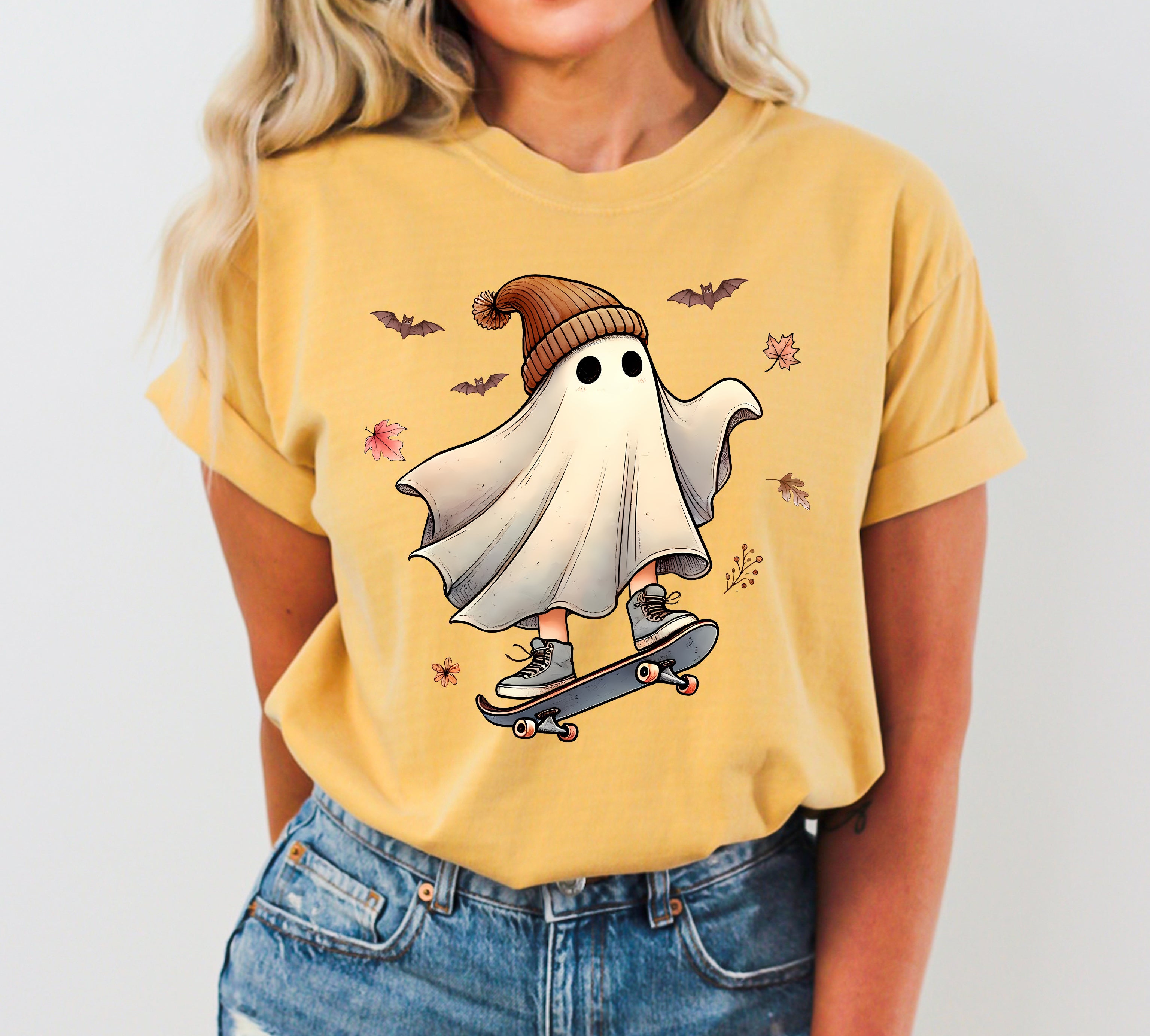 Skater Ghost Pumpkin Skeleton Witch Vintage Aesthetic Halloween Meme Western Comfort Colors Tee