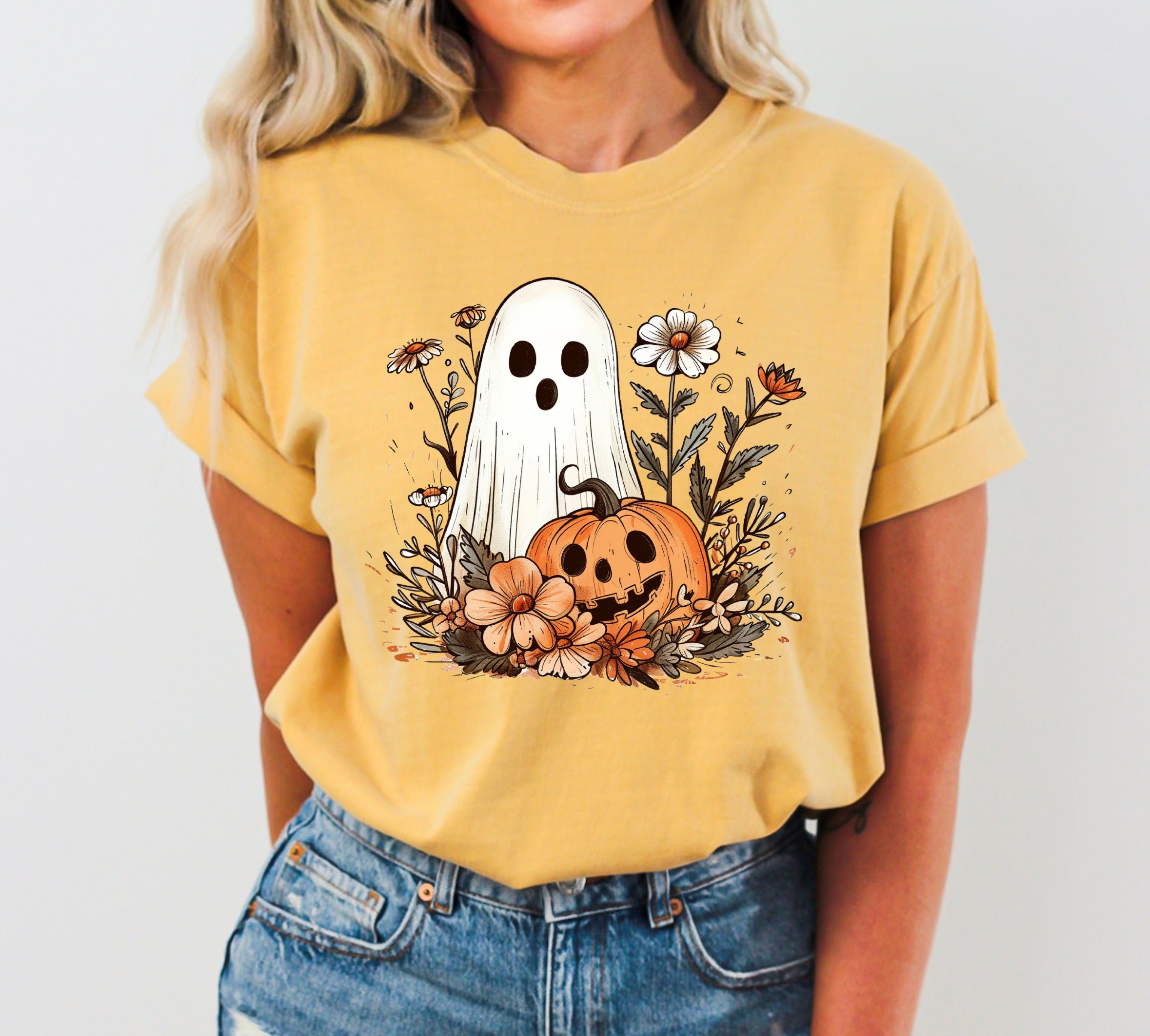 Floral Ghost Pumpkin Skeleton Western Witch Halloween Vintage Meme Comfort Colors Tee