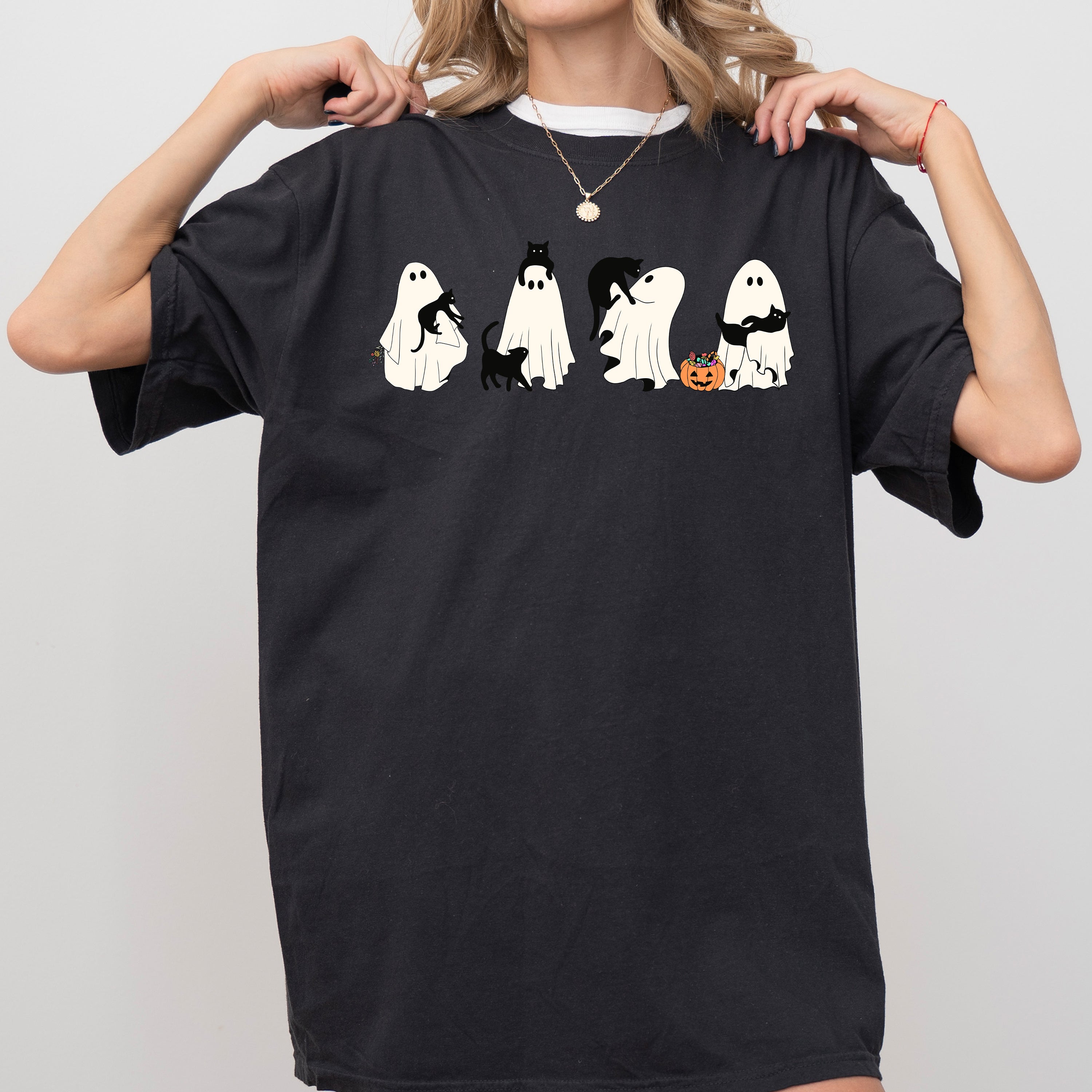 Black Cat Ghost Skeleton Western Witch Vintage Halloween Old West Comfort Colors Tee