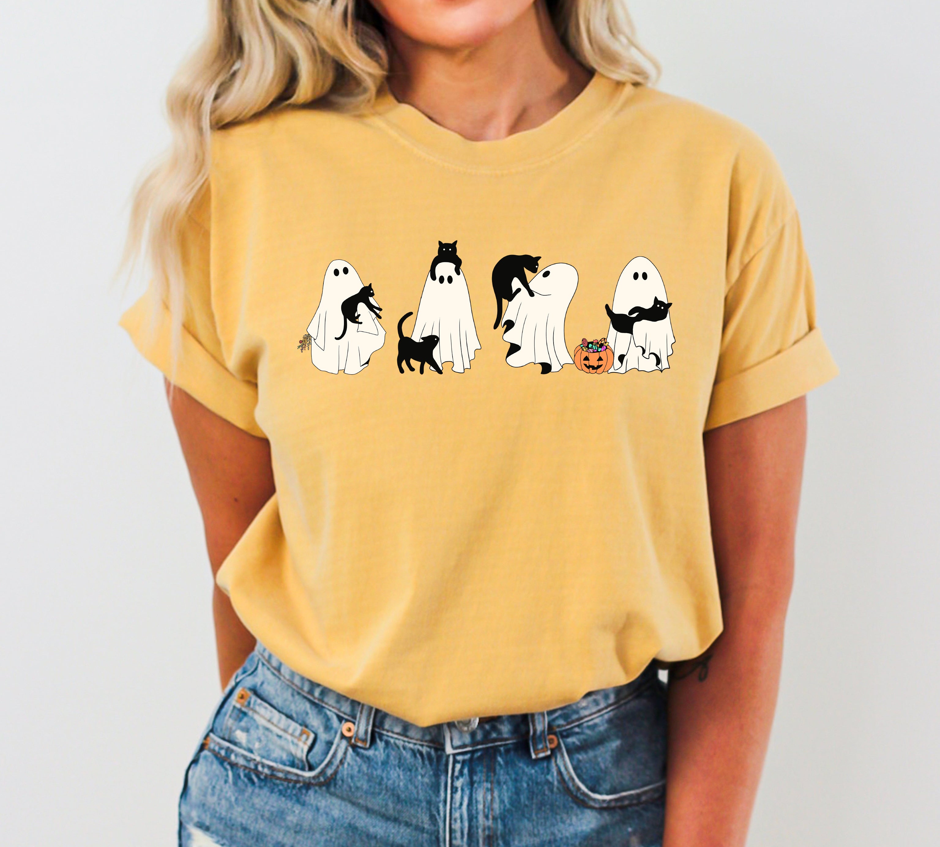 Black Cat Ghost Skeleton Western Witch Vintage Halloween Old West Comfort Colors Tee