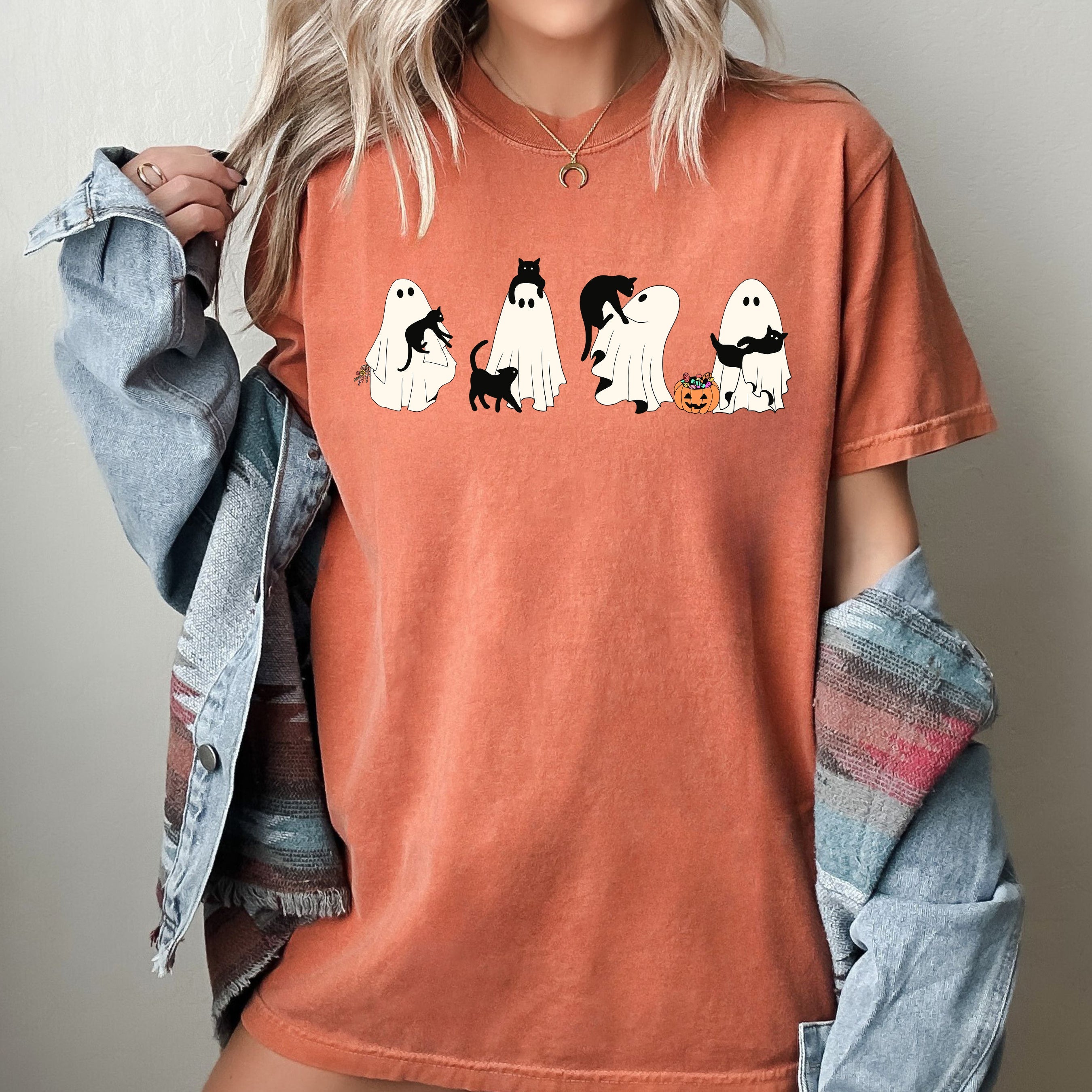 Black Cat Ghost Skeleton Western Witch Vintage Halloween Old West Comfort Colors Tee