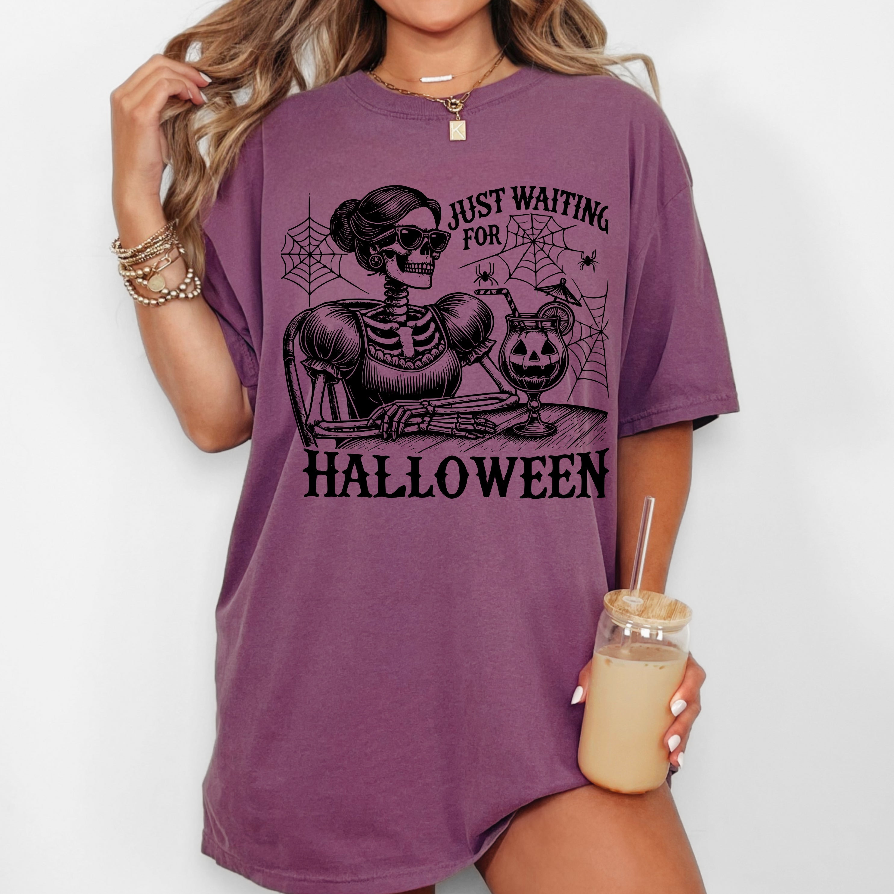 Just Waiting For Halloween Skeleton Lady Vintage Western Witch Meme Comfort Colors Tee