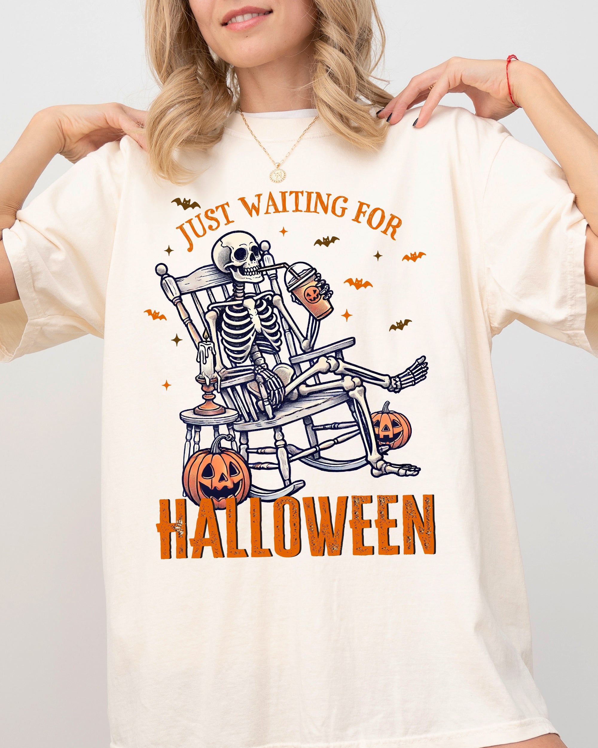 Just Waiting For Halloween Skeleton Vintage Western Witch Meme Costume Comfort Colors Tee