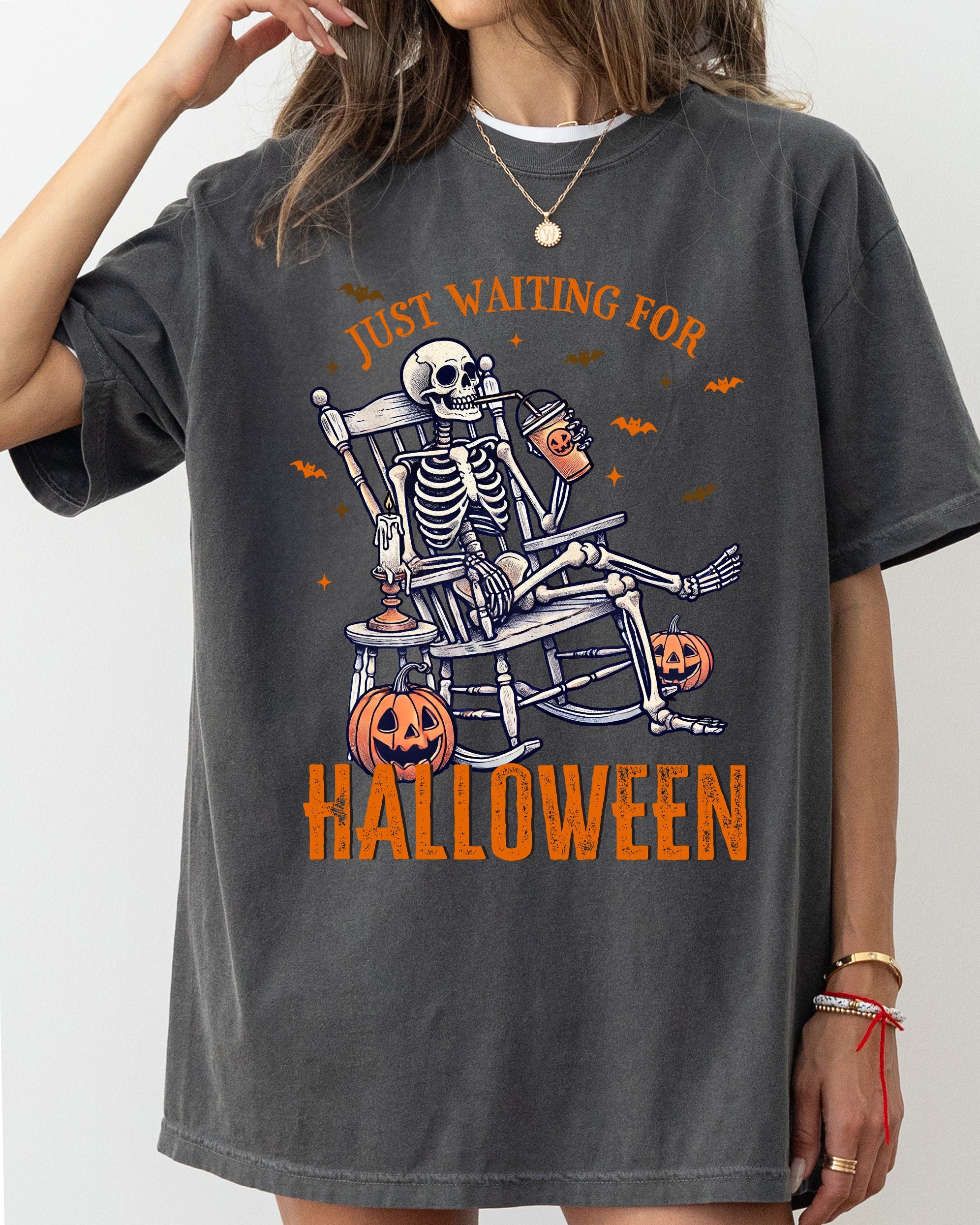 Just Waiting For Halloween Skeleton Vintage Western Witch Meme Costume Comfort Colors Tee