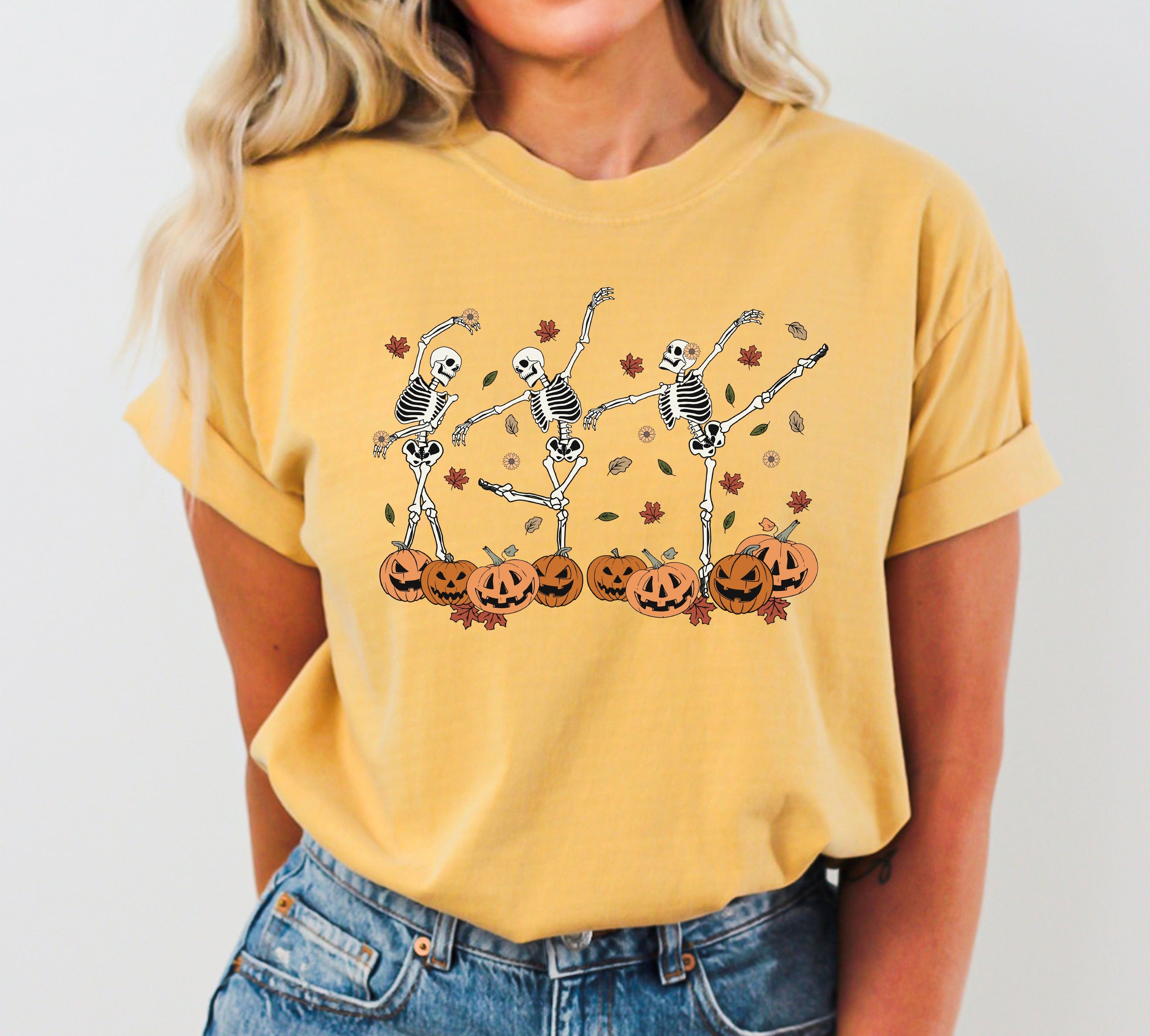 Dancing Skeletons Fall Leaves Vintage Western Witch Meme Halloween Costume Comfort Colors Tee