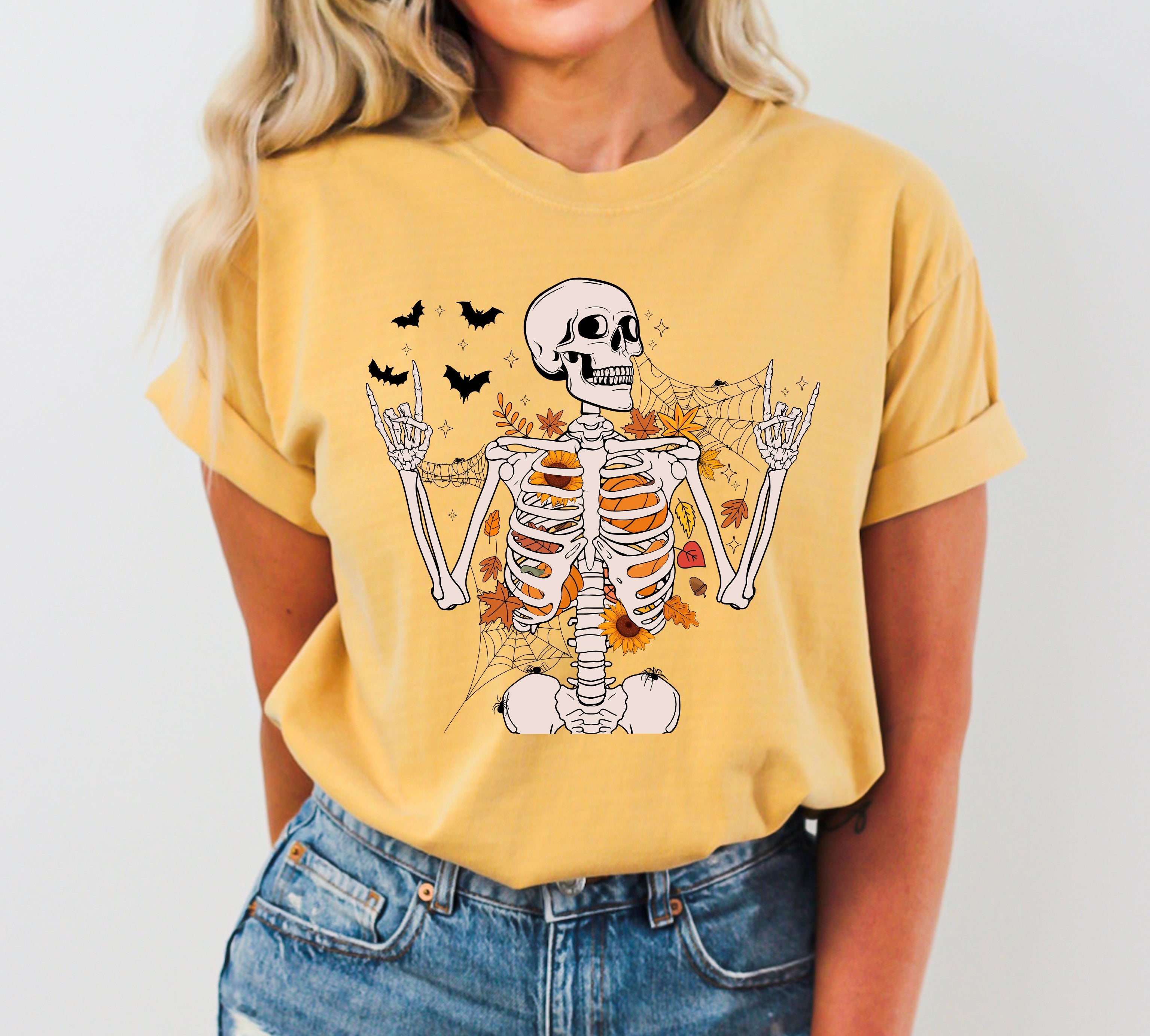 Funny Skeleton Flowers Rock Western Witch Halloween Meme Graphic Comfort Colors Tee