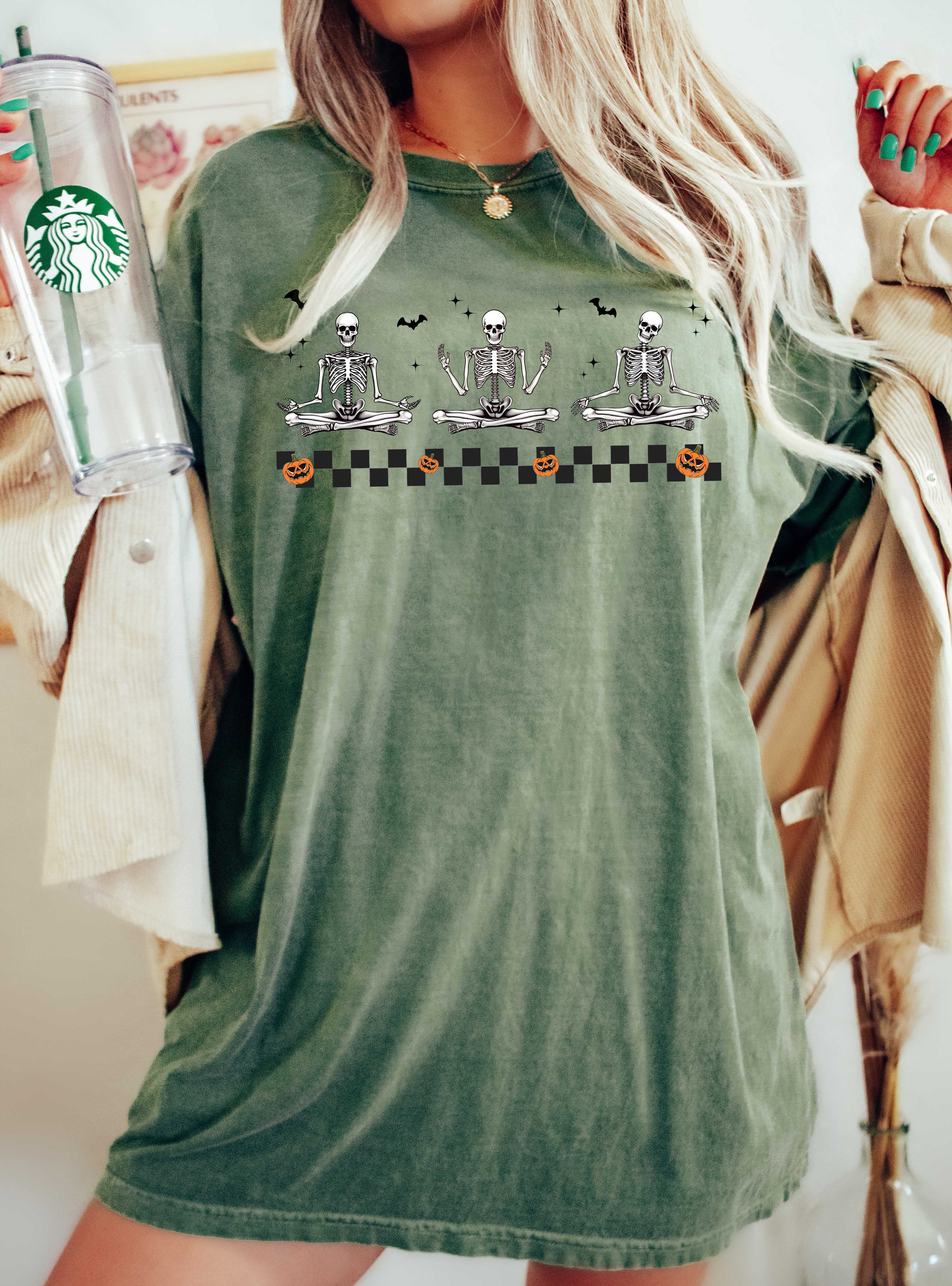 Meditating Skeletons Yoga Western Witch Meme Halloween Vintage Costume Comfort Colors Tee