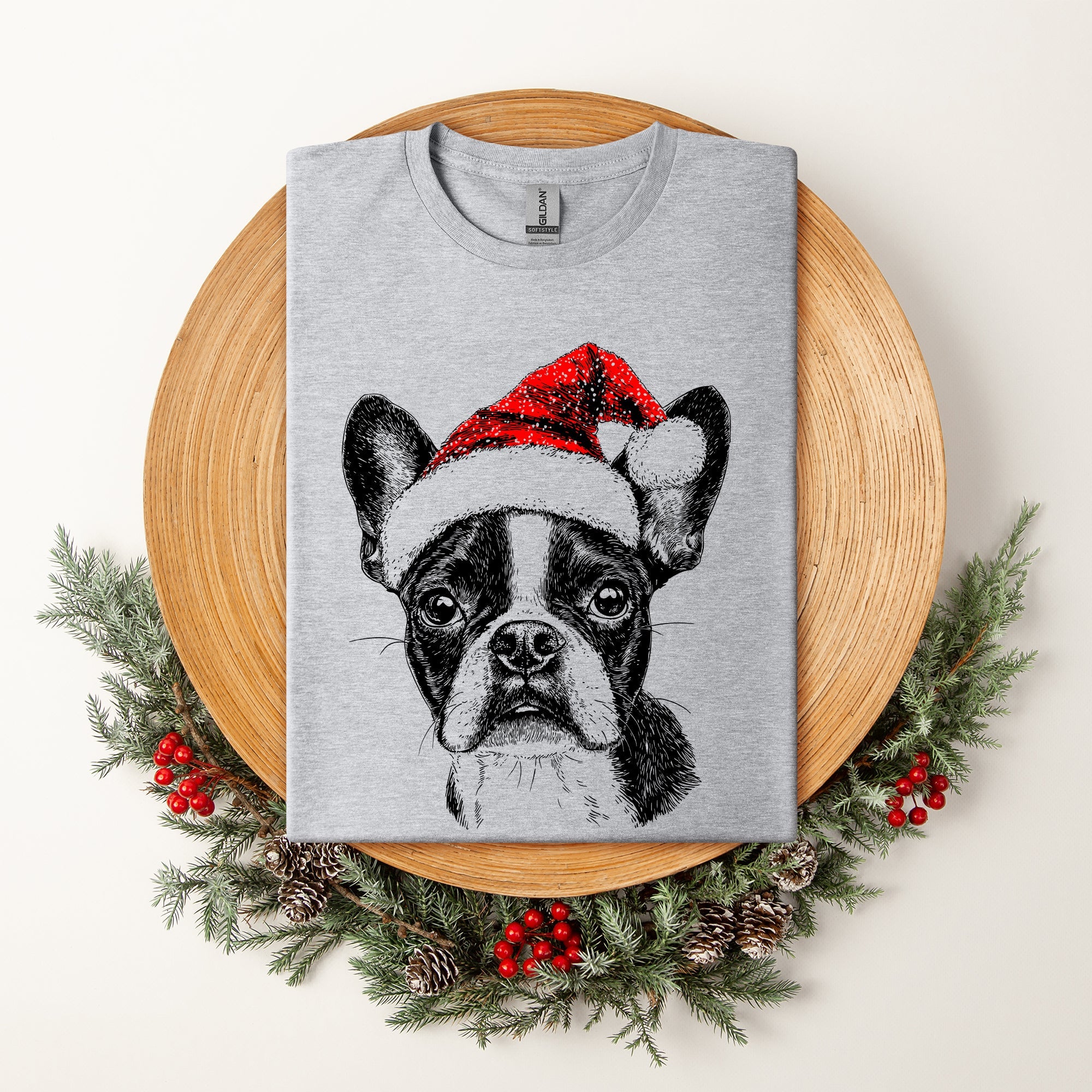 Boston Terrier Santa Christmas Dog Lover Portrait Design For Pet Fans Comfort Colors Tee