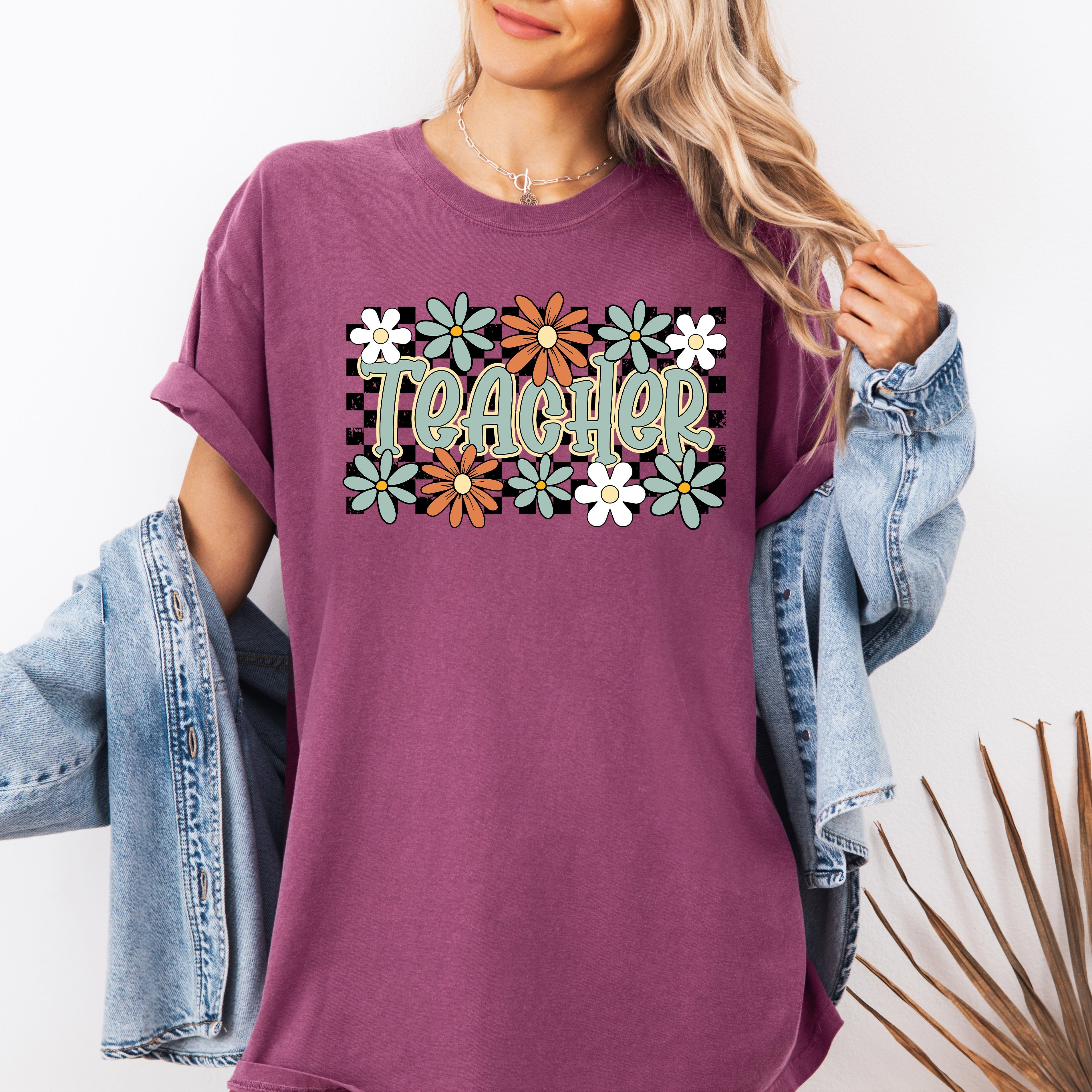 Teacher Checkered Floral Boho Retro First Day Of School Teacher Appreciation Coquette Comfort Colors Tee