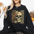 Vintage Skull Floral Checkered Ghost Halloween Book Cat Western Pumpkin Retro Spooky Graphic Sweatshirt
