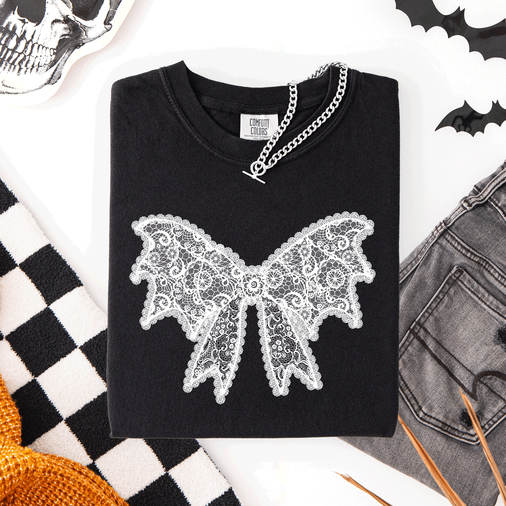 Lace Bow Halloween Goth Faux Lace Ribbon Coquette Silhouette Across The Night Comfort Colors Tee