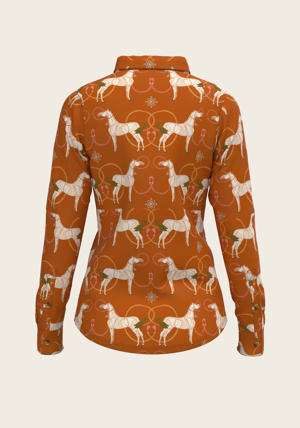 Roped Horses on Tan Ladies Button Shirt