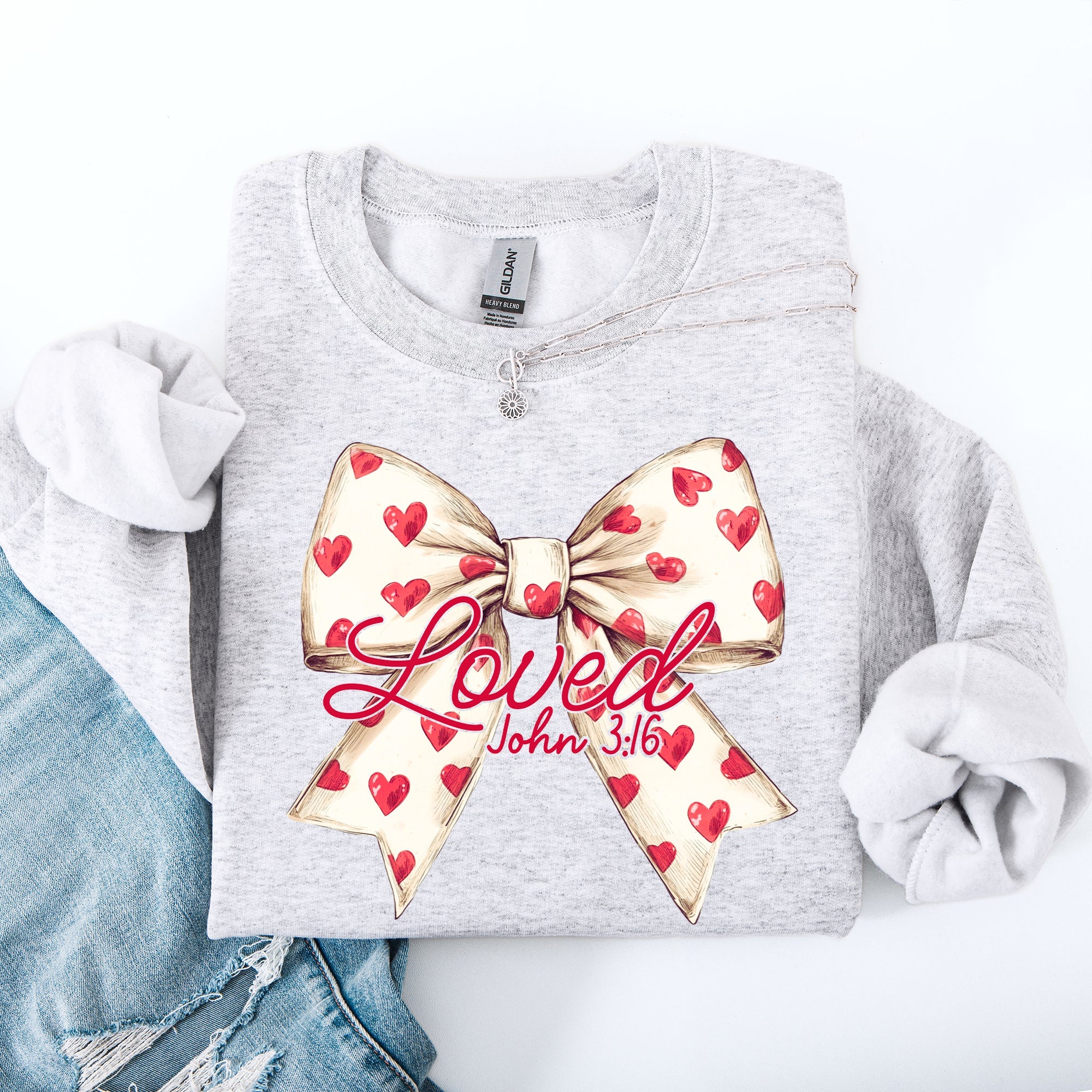Loved John 3:16 Valentine's Day Hearts Ribbon Bow Christian Faith Bible Verse Inspired Sweatshirt