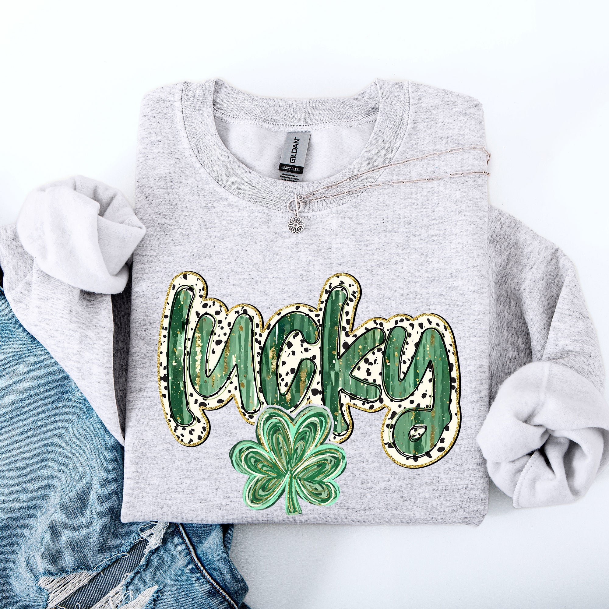 Lucky Dalmatian Print Leprechaun Shamrock Clover St Patrick's Day Festive Sweatshirt