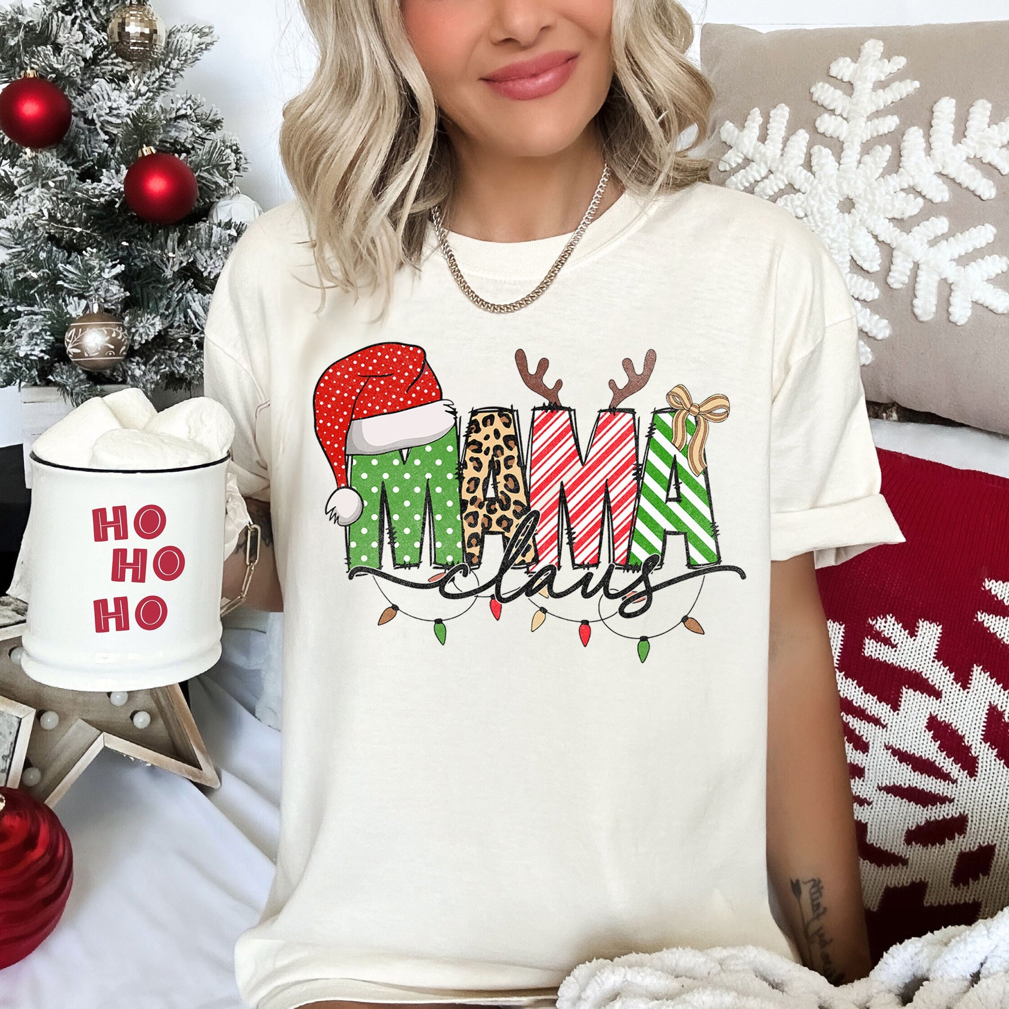 Mama Claus Santa Plaid Leopard Print Christmas Festive Pattern Comfort Colors Tee