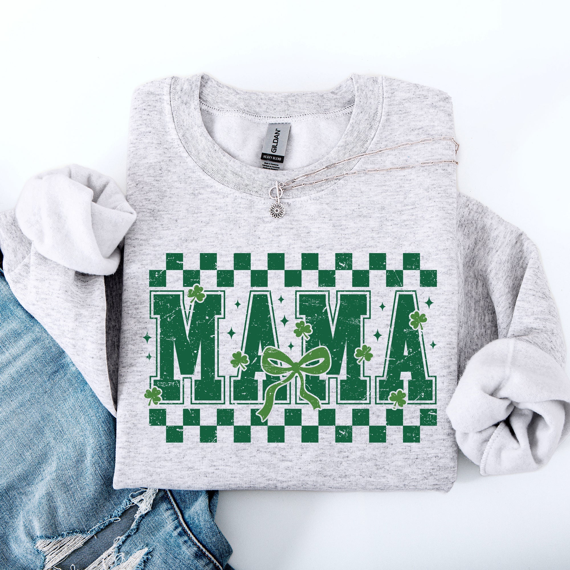 Mama Checkered Bow Ribbon St Patrick's Day Shamrock Clover Leprechaun Sweatshirt