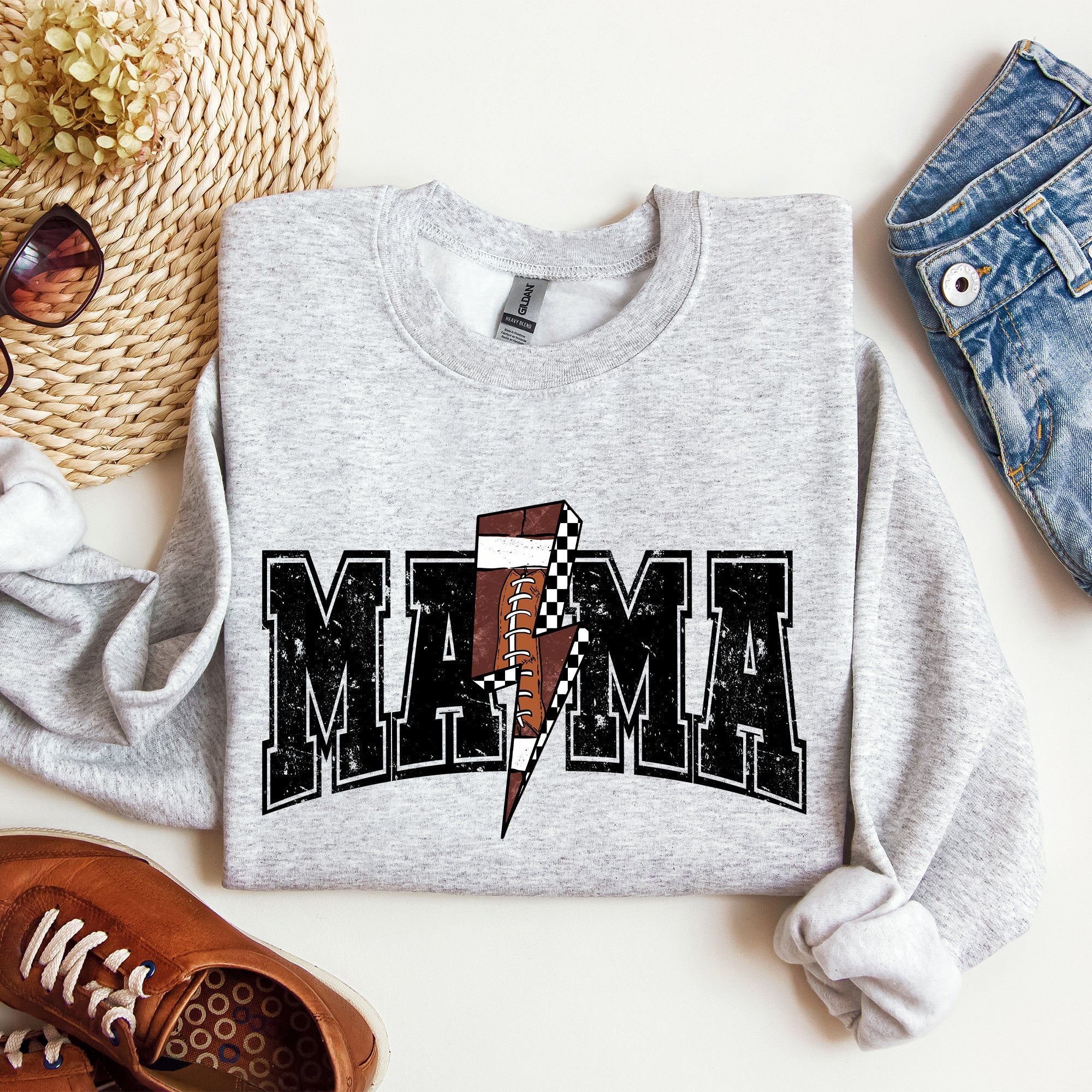 Mama Lightning Bolt Checkered Football Sports Game Day Big Game Touchdown Tailgate Party Sweatshirt