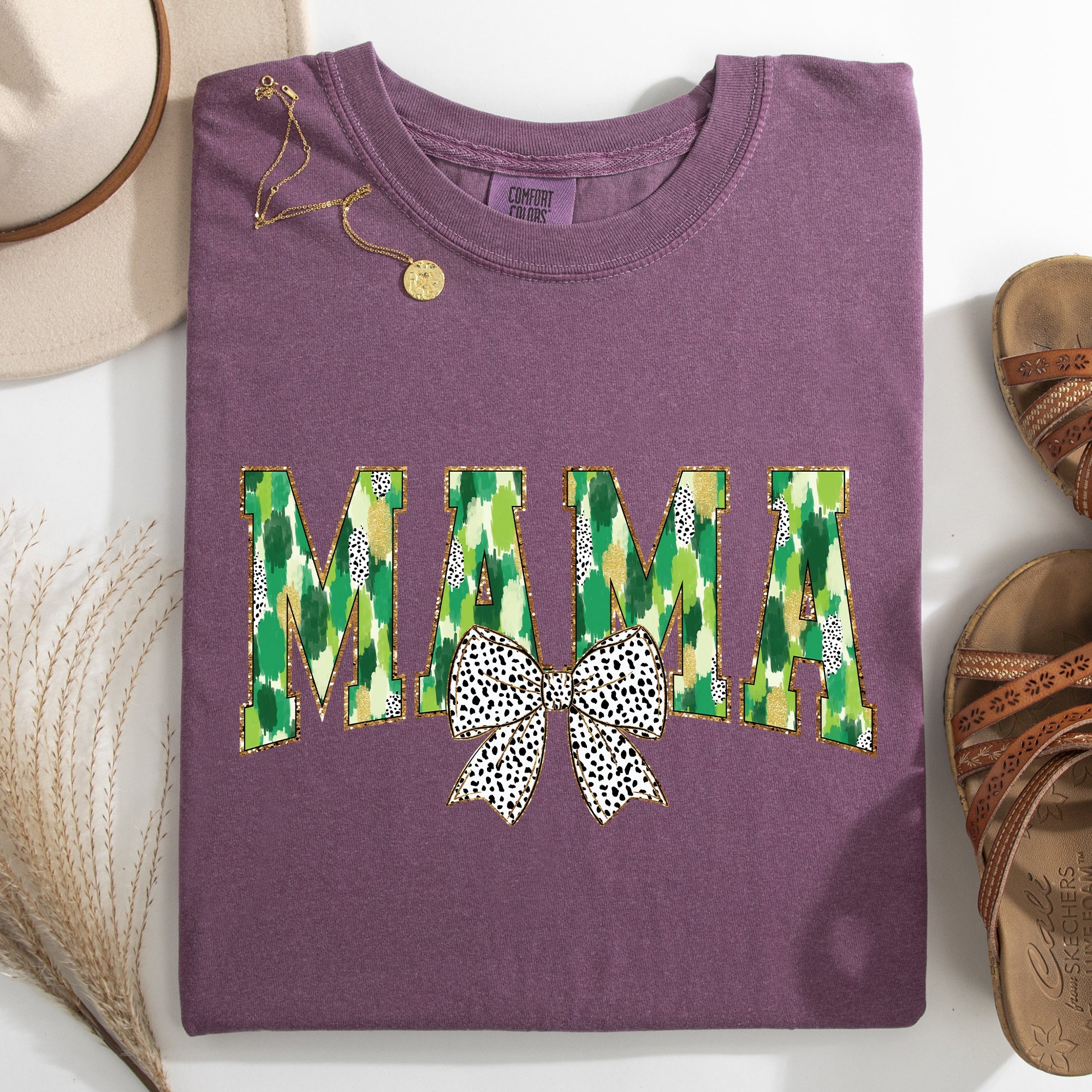 Mama Painted Dalmatian Bow St Patrick's Day Shamrock Clover Lucky Leprechaun Comfort Colors Tee