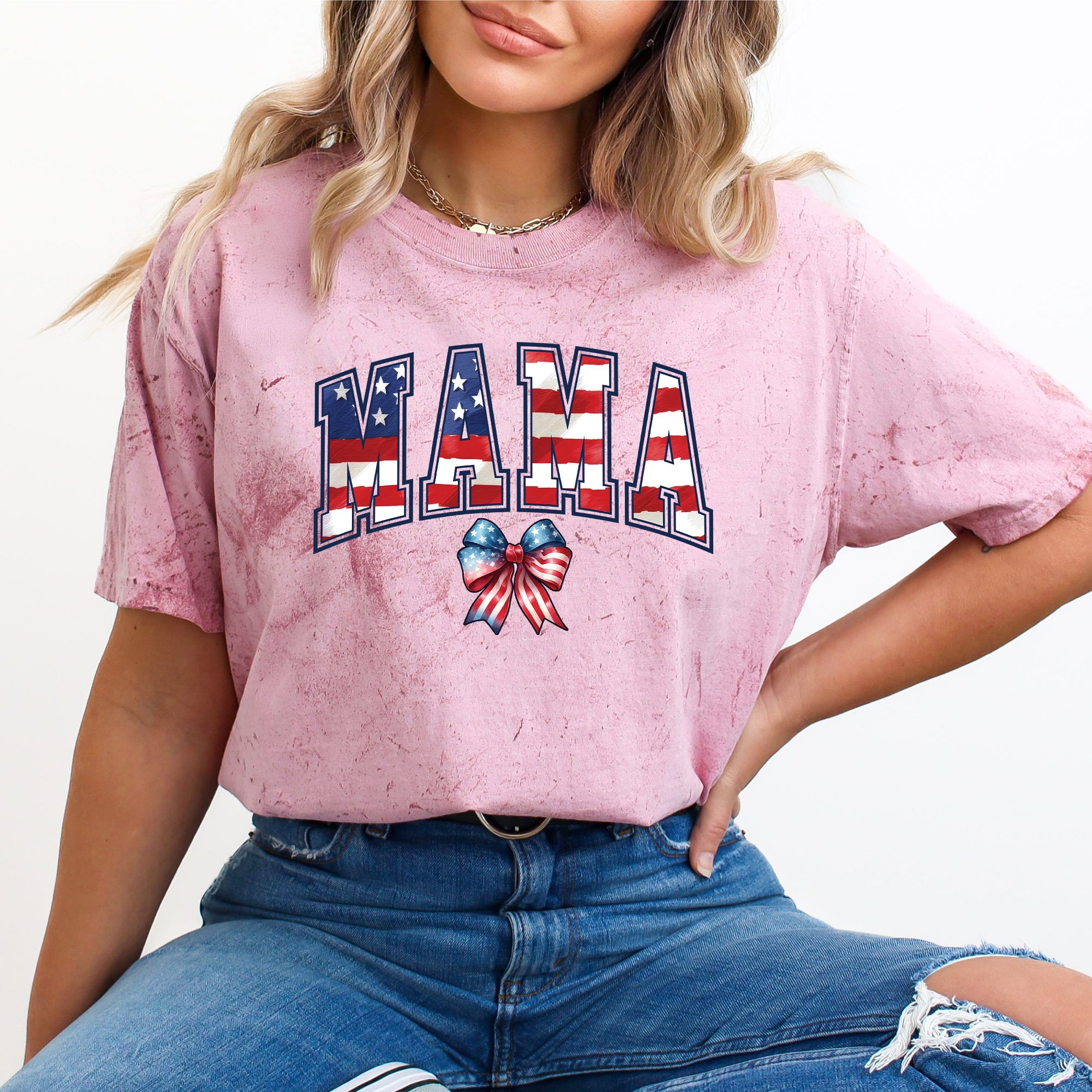 Mama USA Flag Patriotic Varsity Bow Ribbon America Fourth of July Color Blast Comfort Colors Tee
