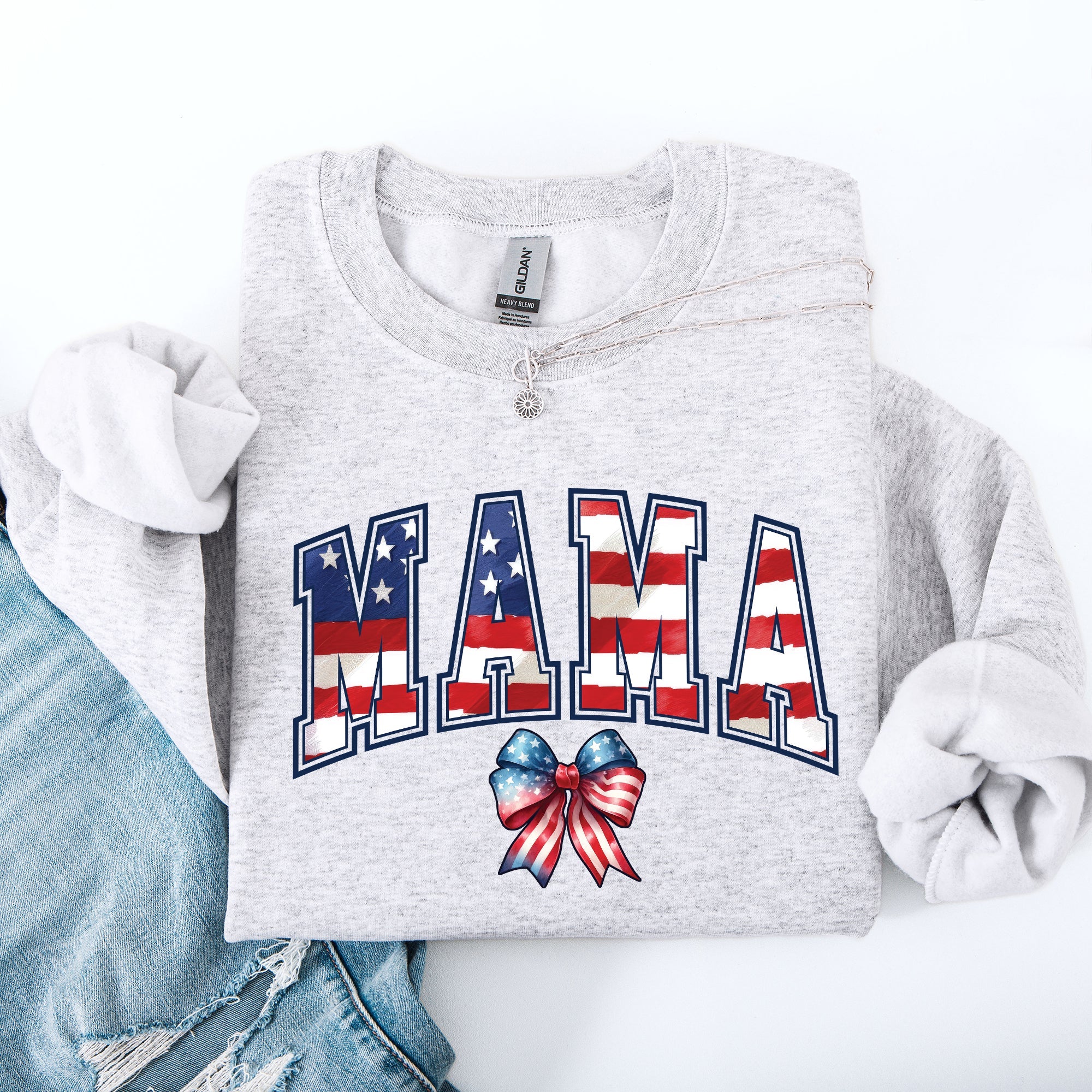 Mama USA Flag Patriotic Varsity Bow Ribbon America 4th Of July Americana Pride Sweatshirt