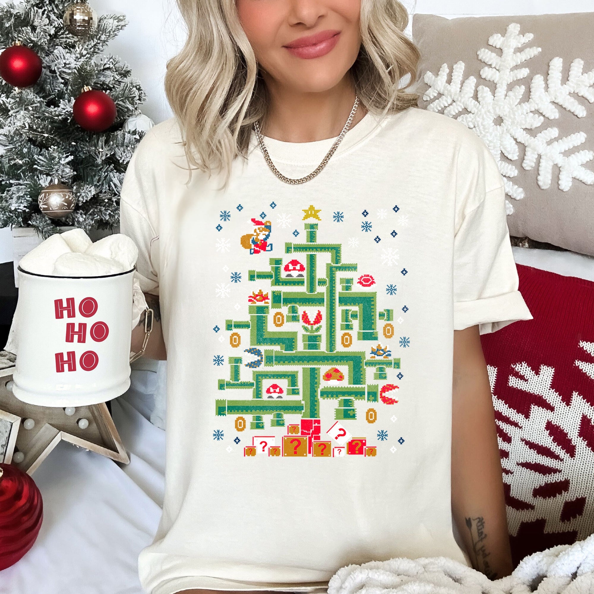 Mario Christmas Retro Classic Video Game Super Pixel Art Nostalgia Edition Comfort Colors Tee