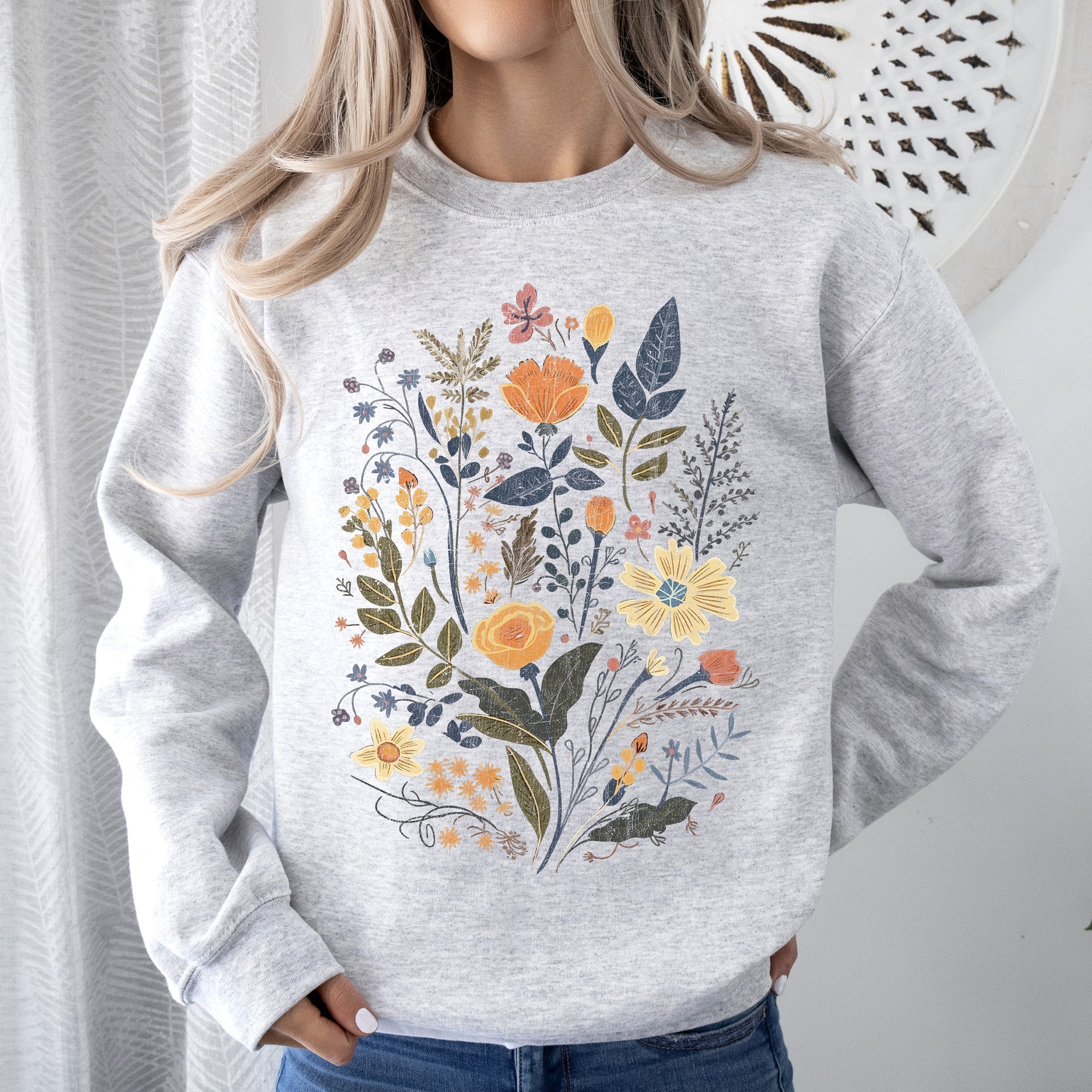 Meadow Magic Soft Floral Print Delicate Blossoms On Cozy Knit Vintage Inspired Everyday Wear Sweatshirt