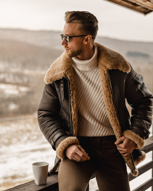 Men’s Brown B3 Flying Aviator Shearling Leather Long Jacket Coat