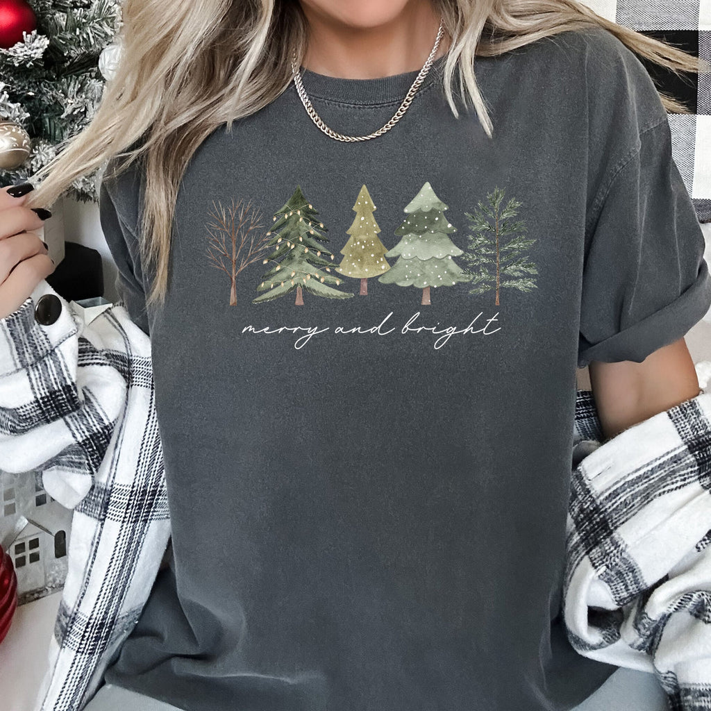 Merry And Bright Watercolor Trees Christmas Illustration Holiday Edition Comfort Colors Tee