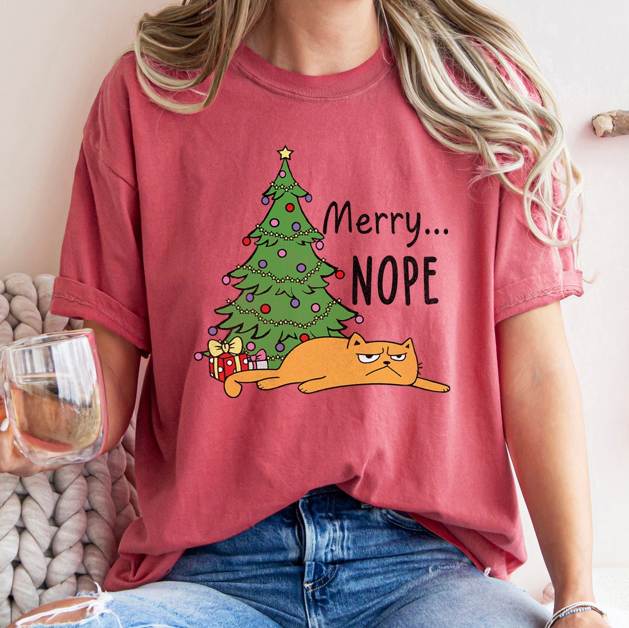 Merry Nope Funny Cat Christmas Holiday Laughs Edition For Cat Lovers And Cozy Season Wear Comfort Colors Tee