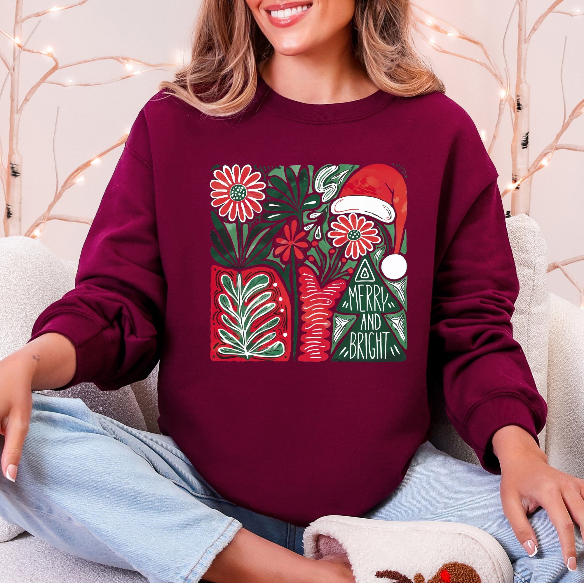 Merry and Bright Pattern Blocks Christmas Santa Hat Tree Ribbon Bow Vintage Retro Holiday Cheer Sweatshirt
