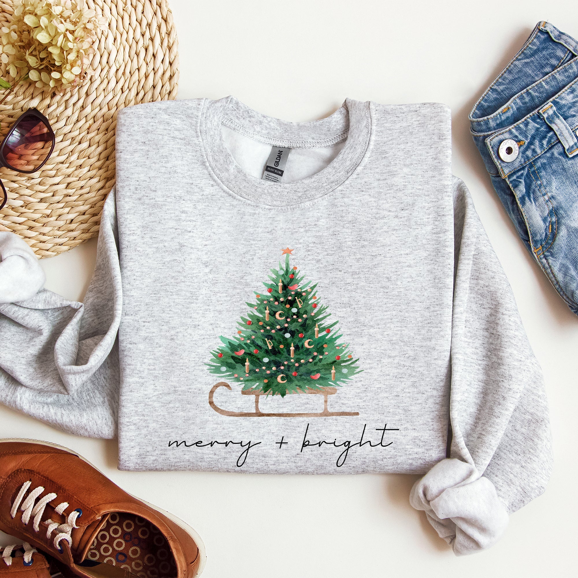 Merry And Bright Holiday Sleigh And Christmas Tree Winter Snow Xmas Scene Sweatshirt
