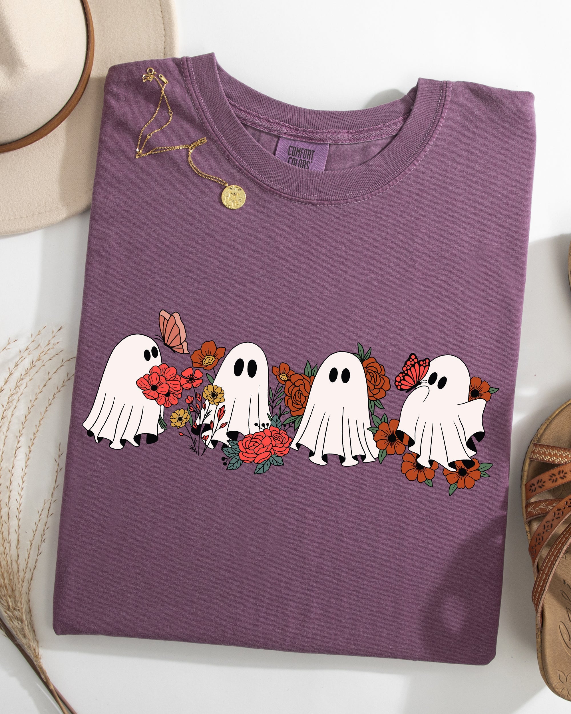Mini Halloween Ghosts Floral Garden Print With Autumn Flowers And Spooky Cozy Vibes Comfort Colors Tee