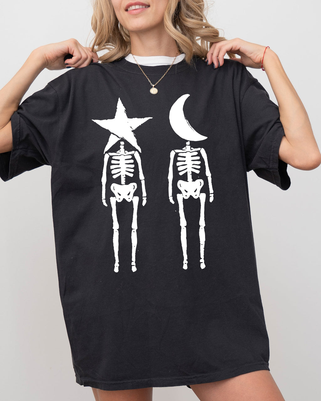 Mystical Couple Stars Moons Skeleton Halloween Spooky Night Sky Comfort Colors Tee