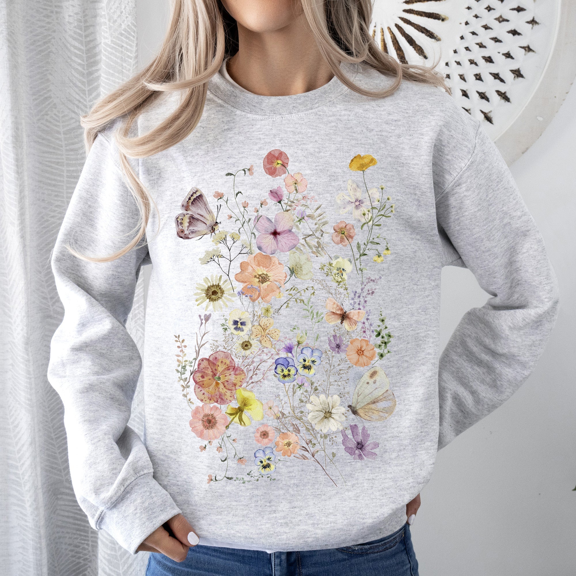 Butterfly Mountain Meadow Pressed Flower Botanical Print Vintage Inspired Sweatshirt