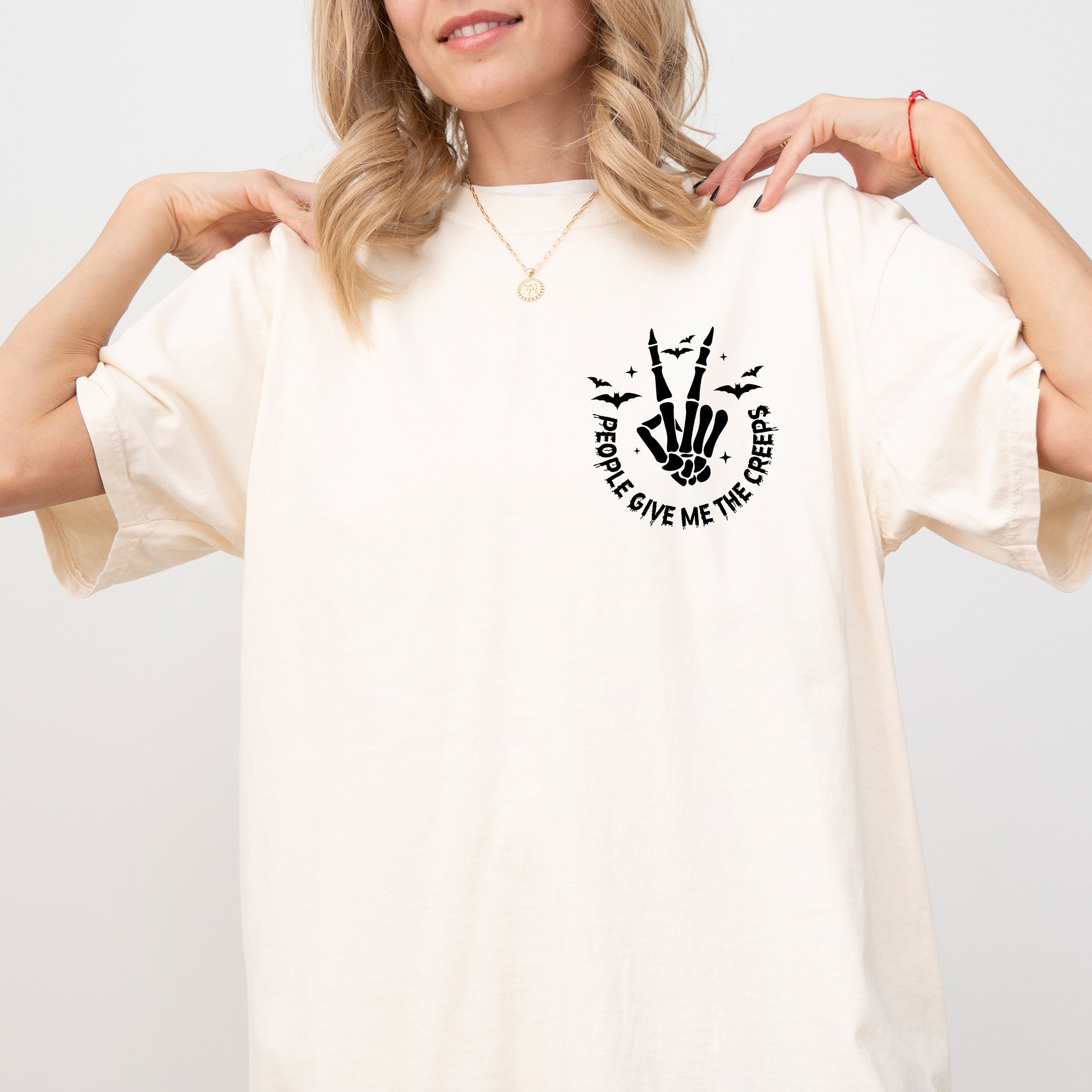 People Give Me The Creeps Pocket Print Skeleton Bats Witch Halloween Spooky Comfort Colors Tee