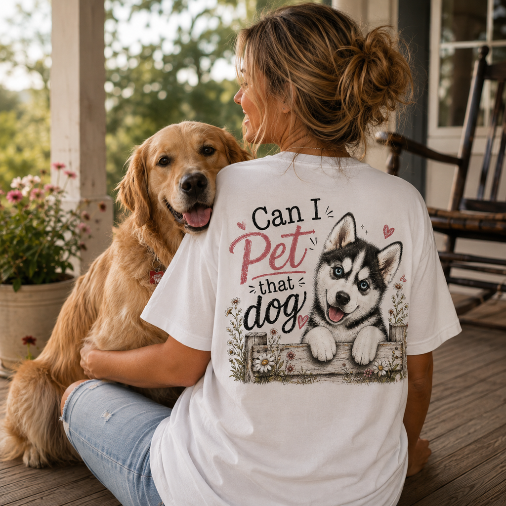 Can I Pet That Dog Husky T-Shirt | Funny Dog Lover Graphic Tee | Unisex Softstyle Shirt