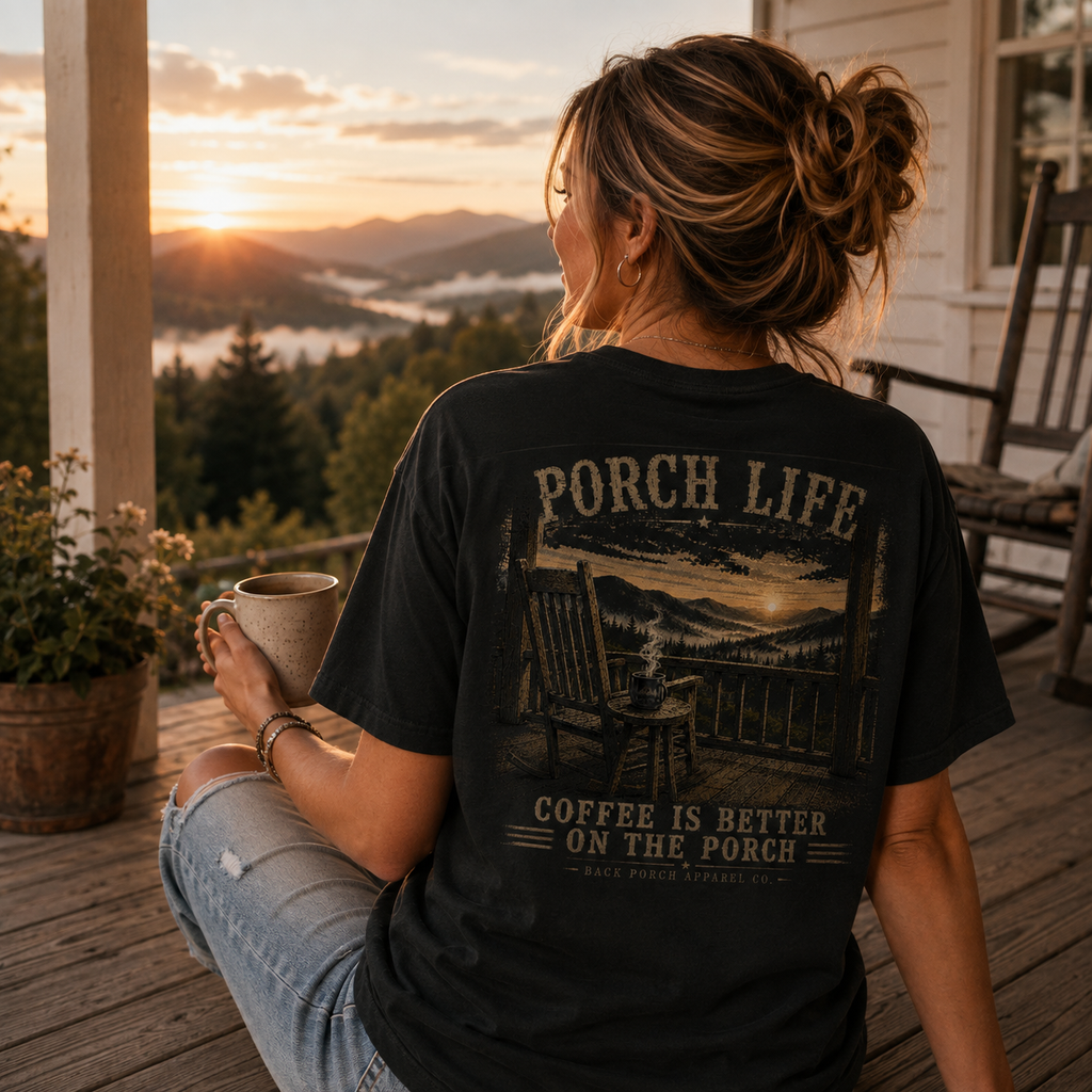 Porch Life Coffee Is Better on the Porch Comfort Colors Black T-Shirt | Rustic Coffee Lover Graphic Tee
