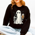Pumpkin Spice Latte Ghost Witch Halloween Cat Bats Leopard Patchwork Autumn Sweatshirt