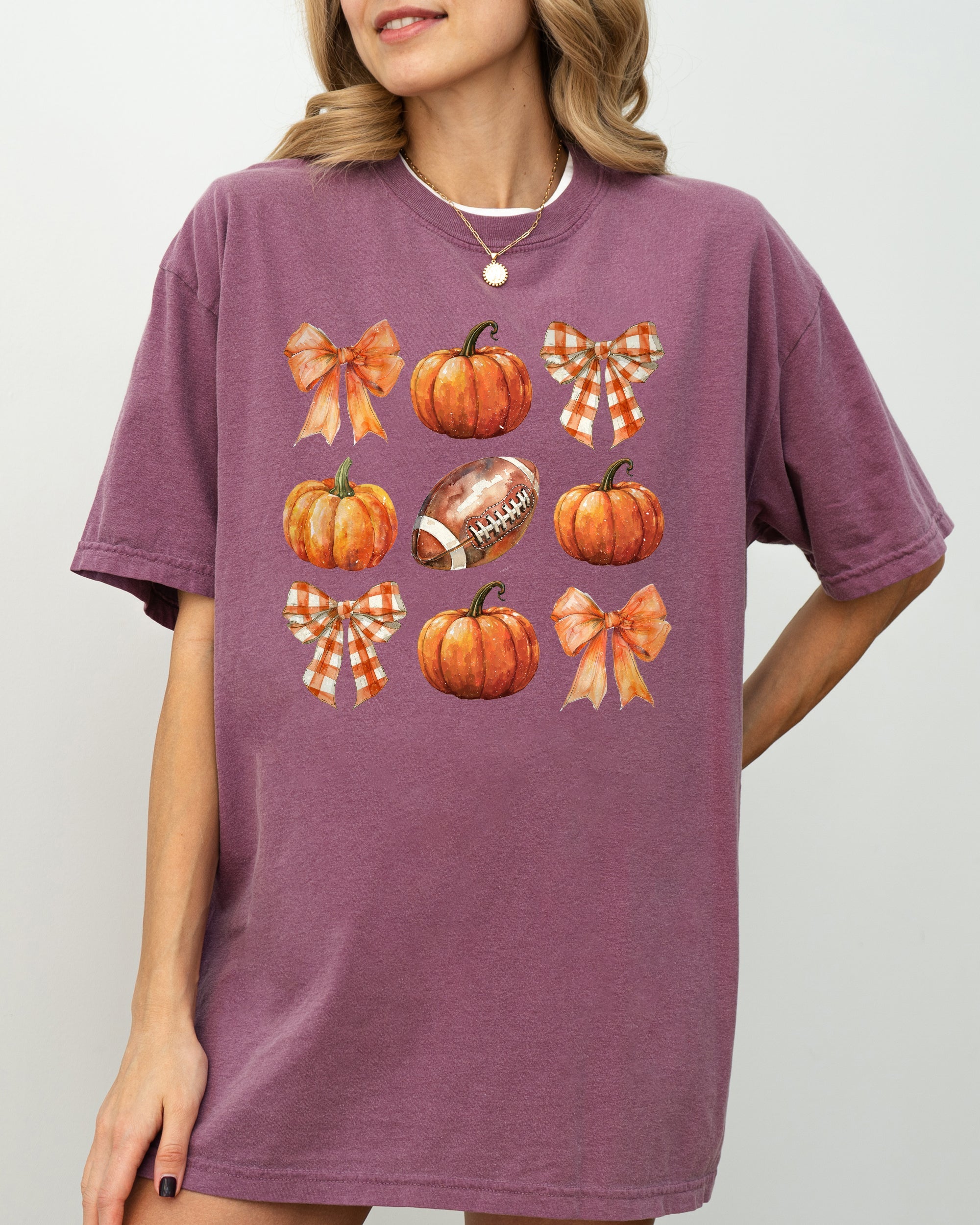 Pumpkin Football Bows Ribbons Fall Autumn Thanksgiving Halloween Sports Touch Down Comfort Colors Tee