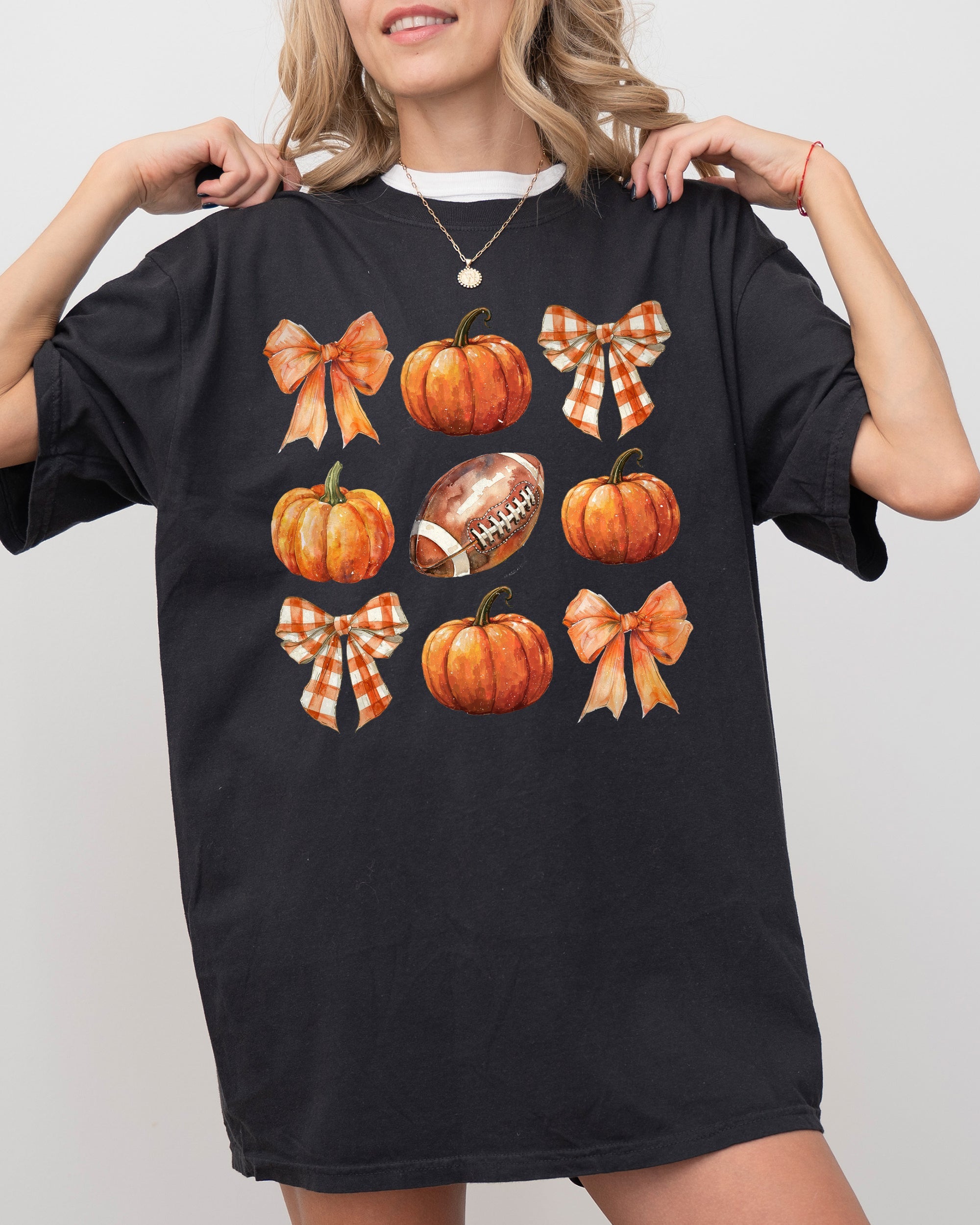 Pumpkin Football Bows Ribbons Fall Autumn Thanksgiving Halloween Sports Touch Down Comfort Colors Tee