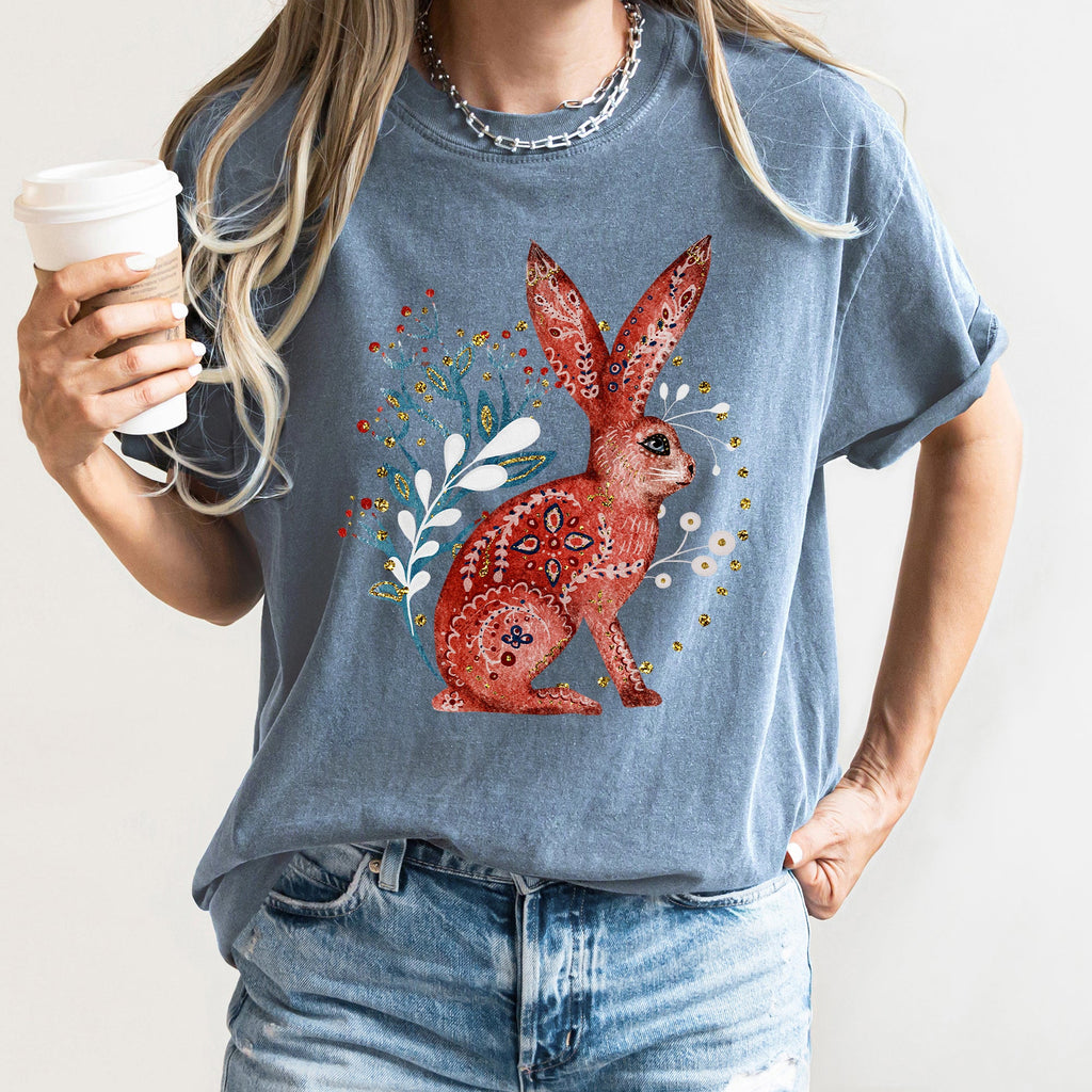 Rabbit Folk Art Inspired Scandinavian Winter Christmas Scene Art Comfort Colors Tee